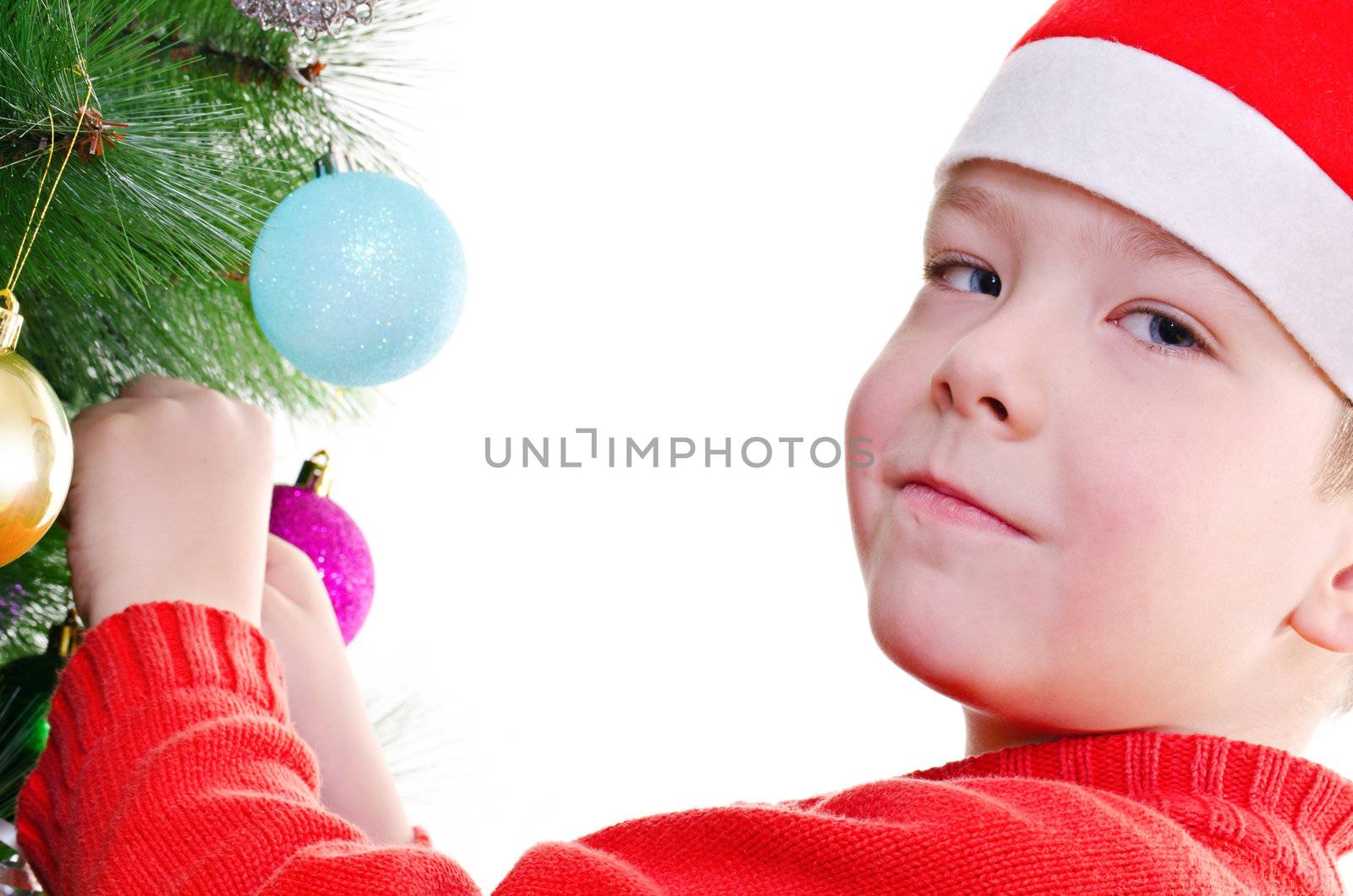 Young boy decorating christmas tree, looking at camera, horizontal shot