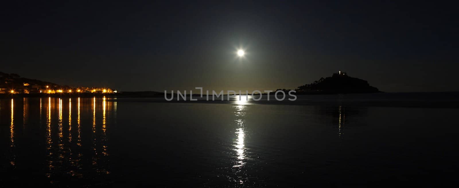 Night shot in the South of England with the moon reflecting on the still sea