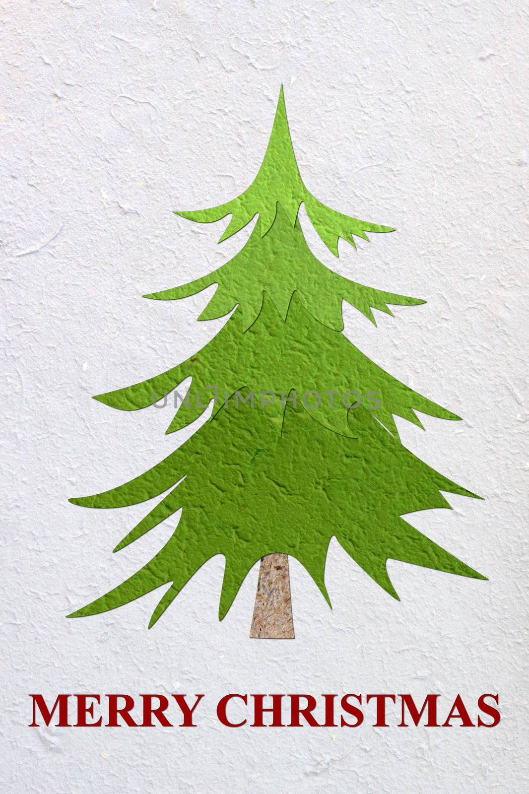 Mulberry paper Christmas tree and white background.