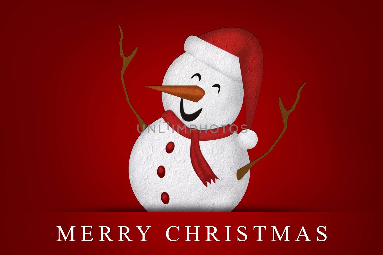 Merry Christmas, Mulberry paper Christmas Snowman and red background.