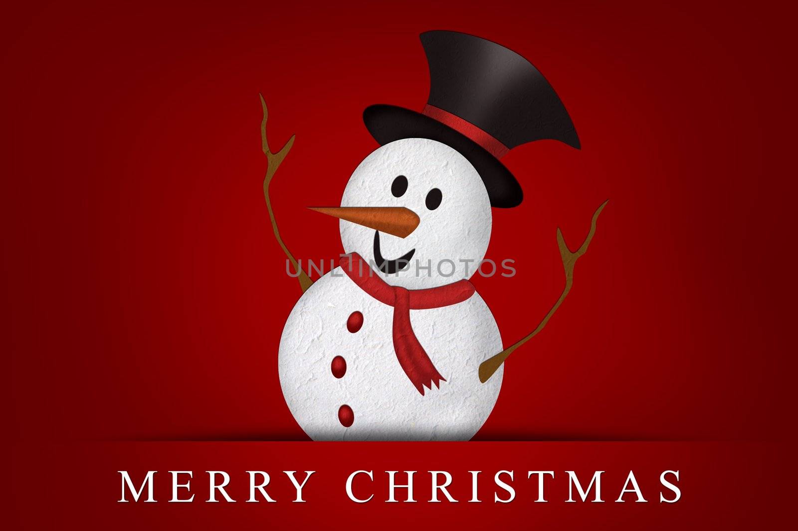 Merry Christmas, Mulberry paper Christmas Snowman and red background.