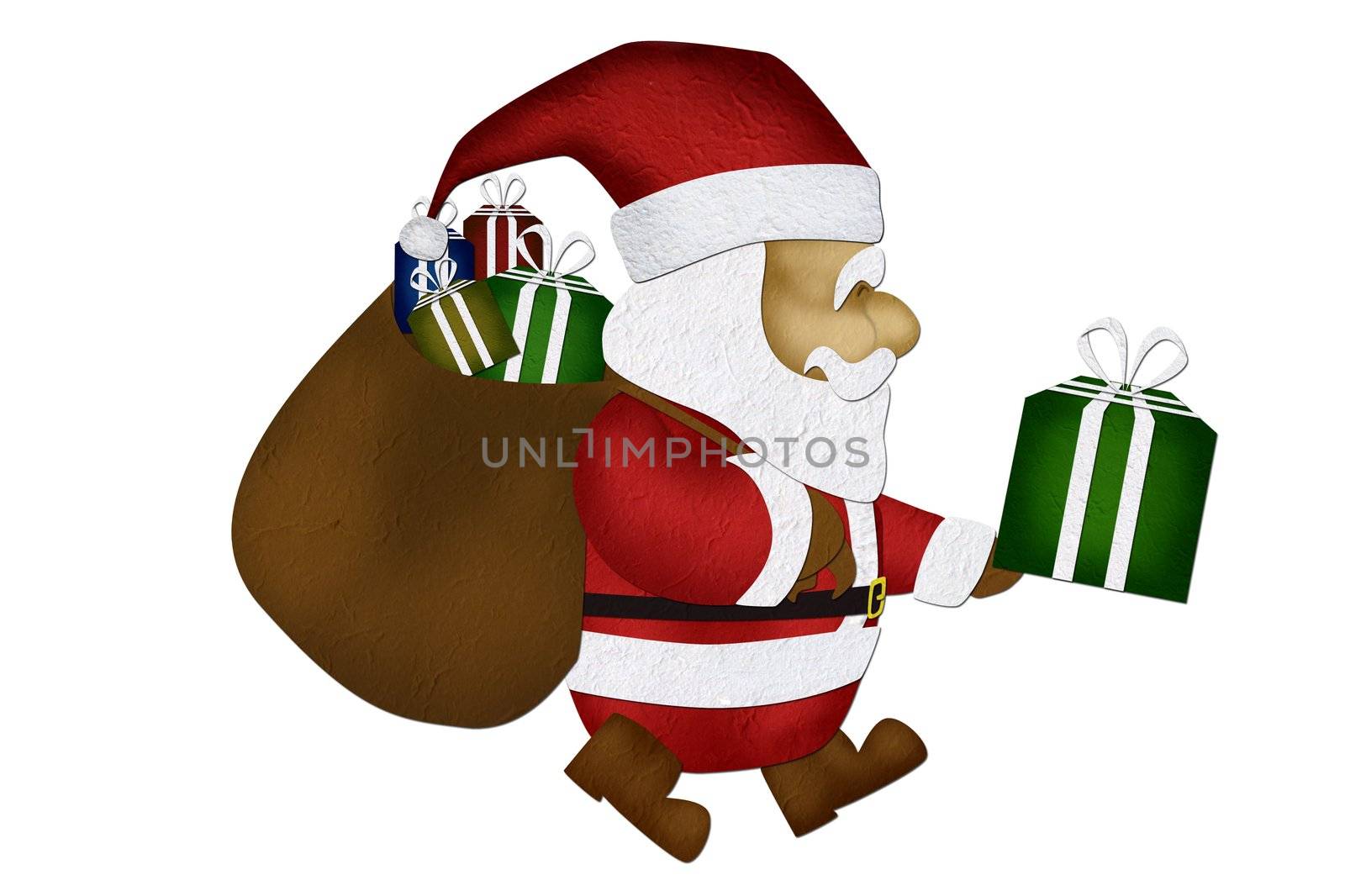 Merry Christmas, Mulberry paper  Santa Claus, on white background.