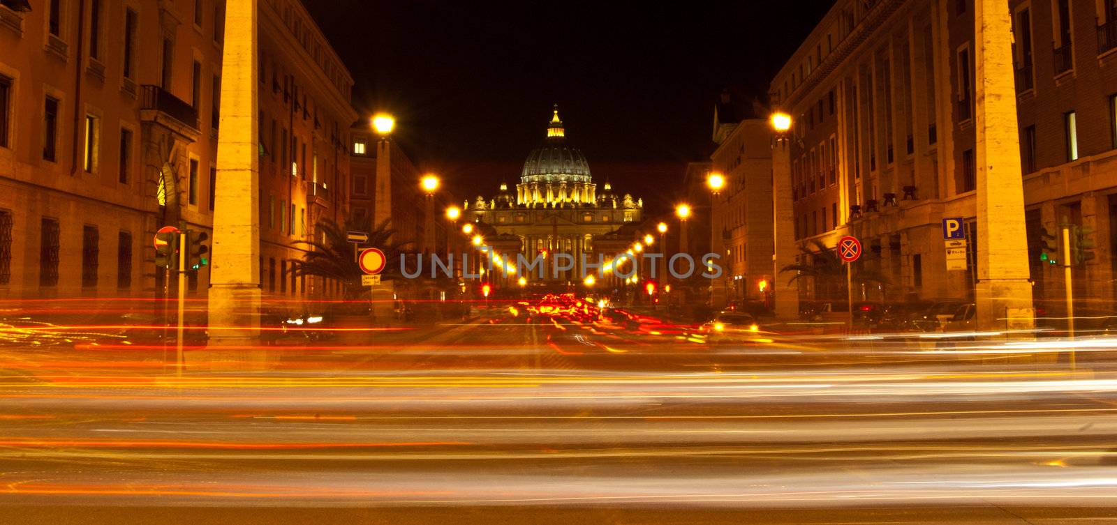 famous basilica of San Pietro illuminated at night