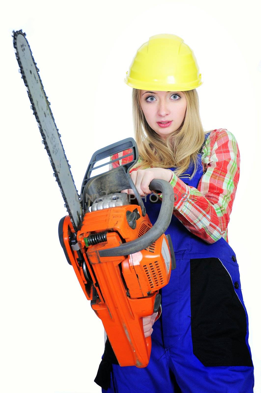 Young woman with a chainsaw by mmajk