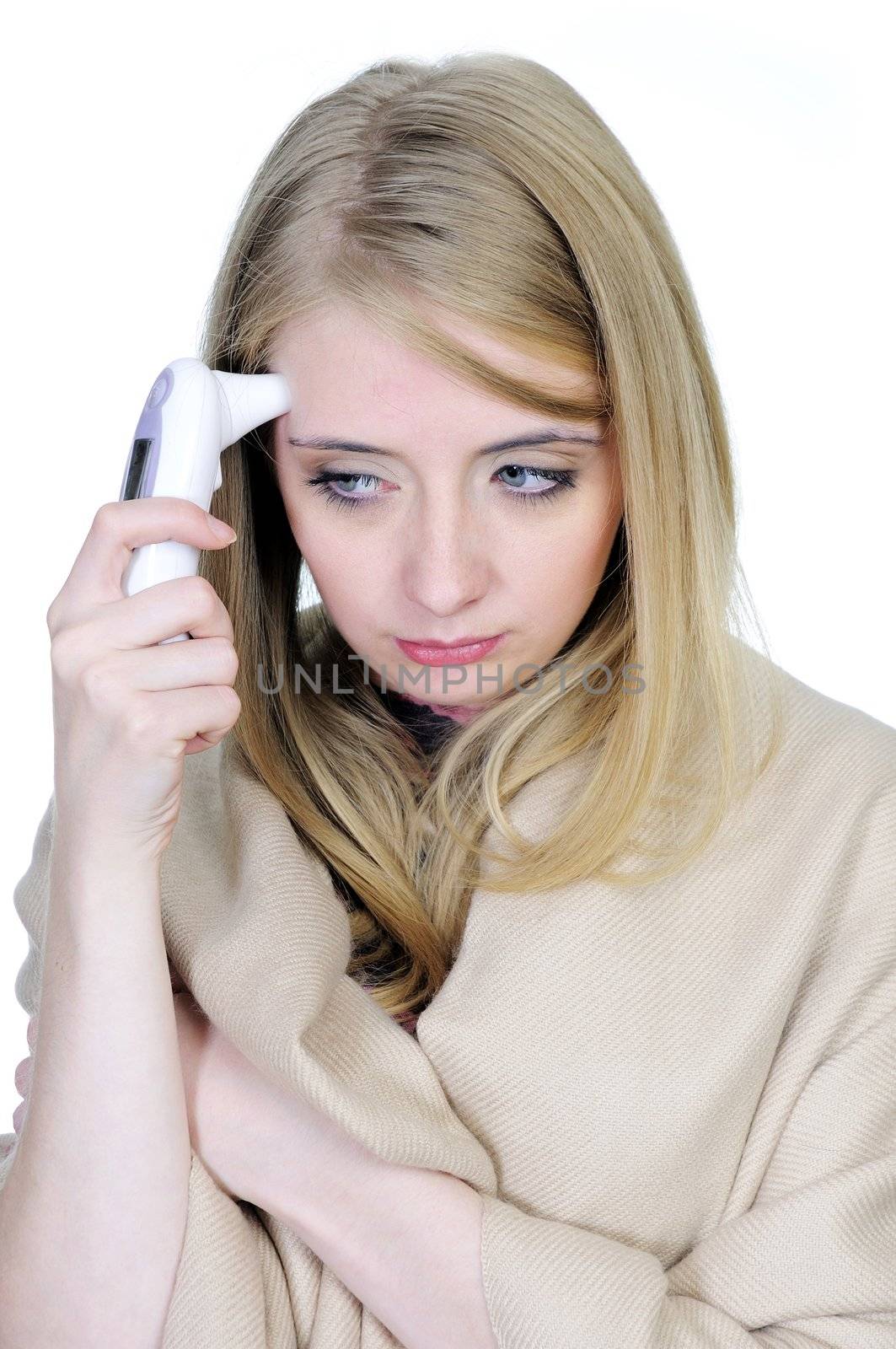 Sick woman measuring temperature