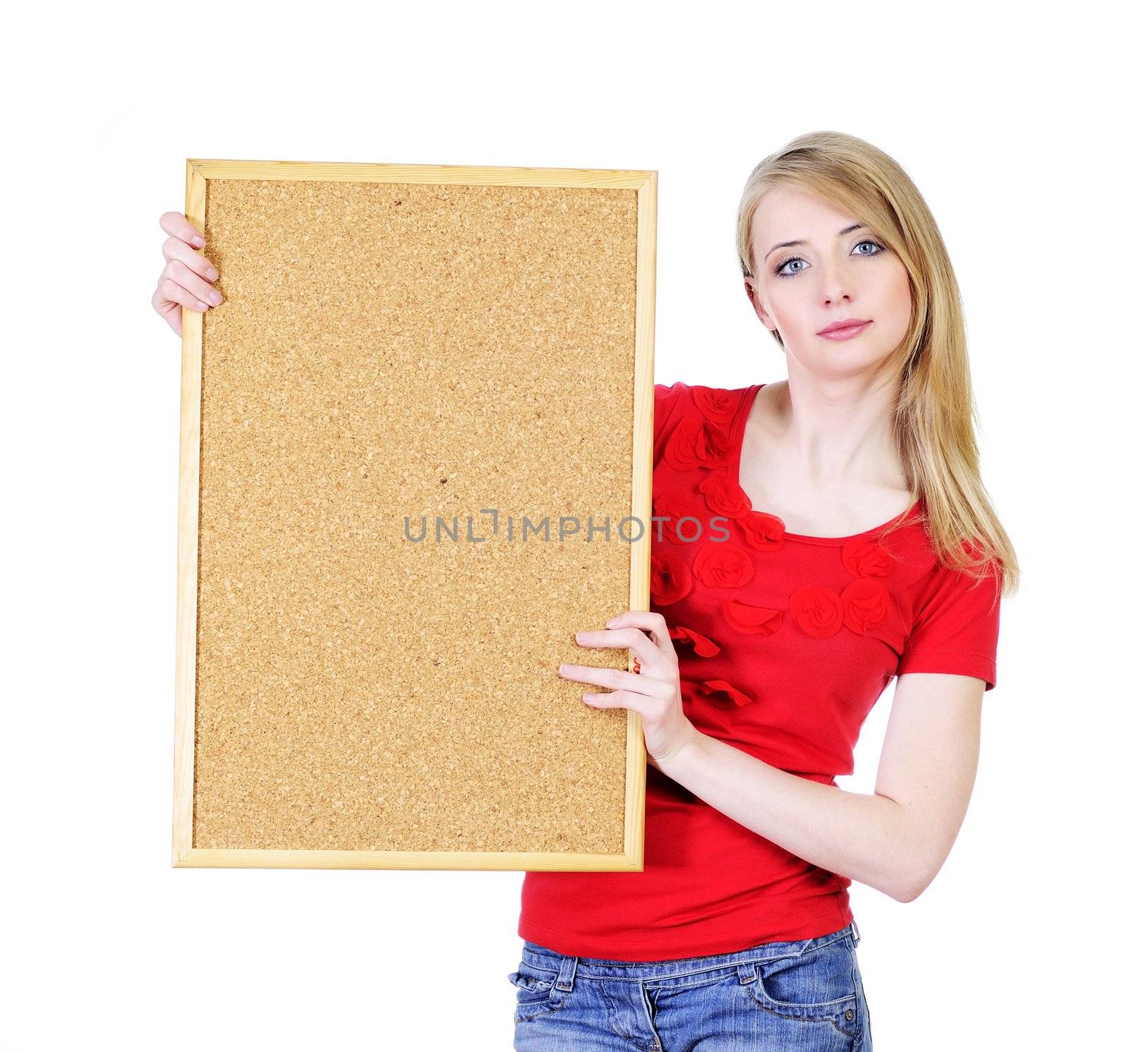 Young blond woman holding a cork board by mmajk