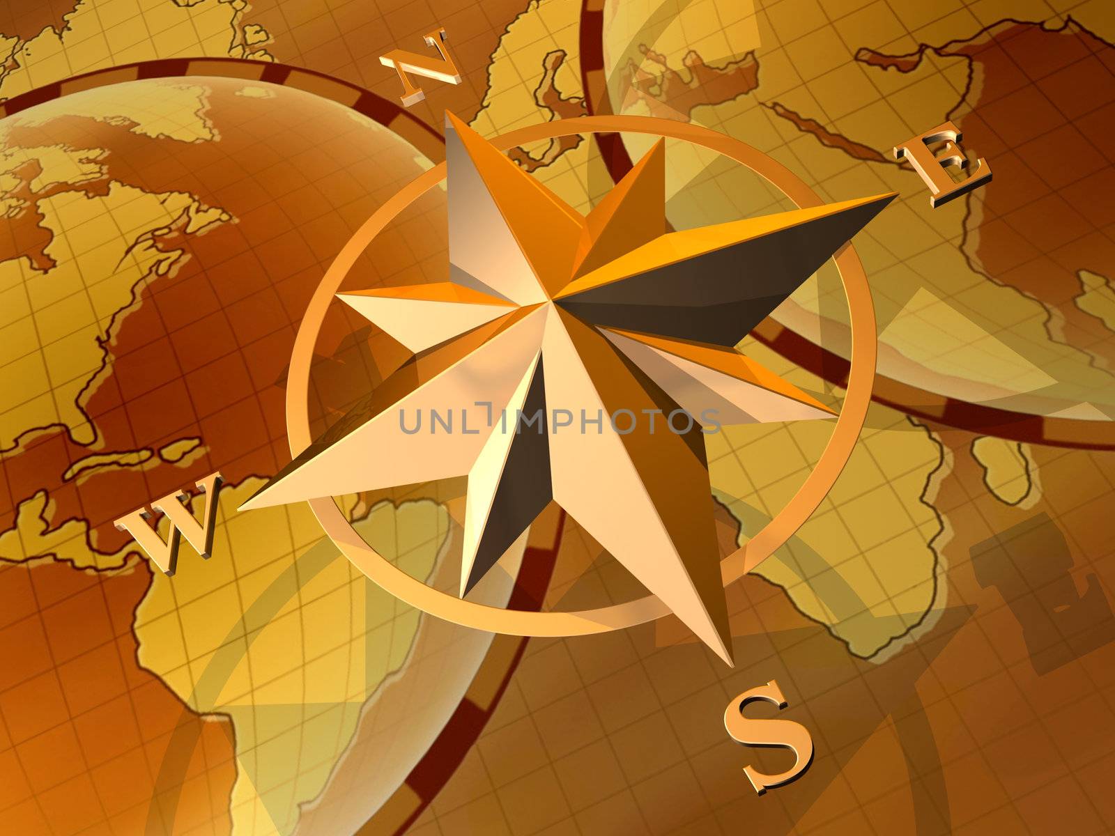 Compass rose on  background of world map