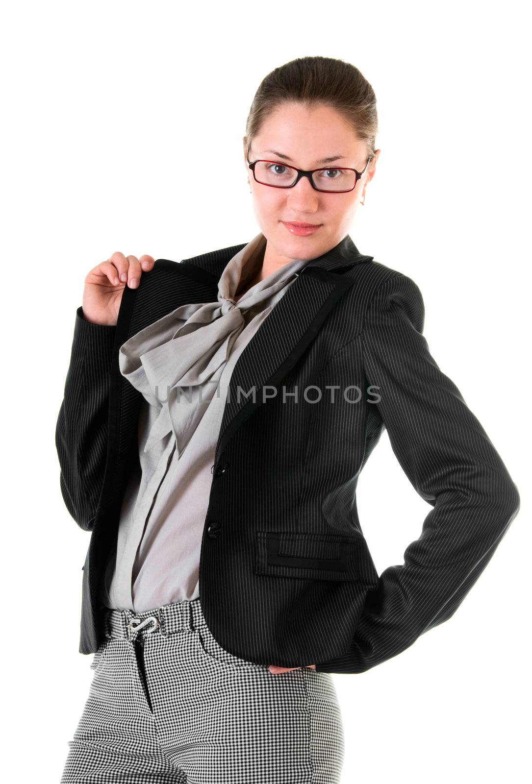 Attractive young woman in glasses isolated on white background