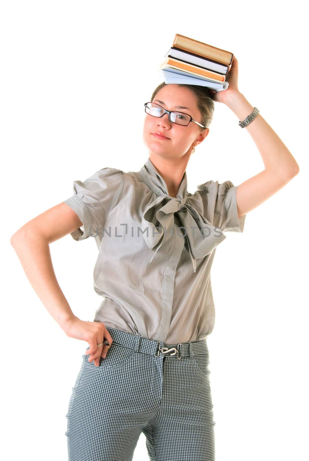 Intelligent playing a joke woman in glasses with books isolated on white background