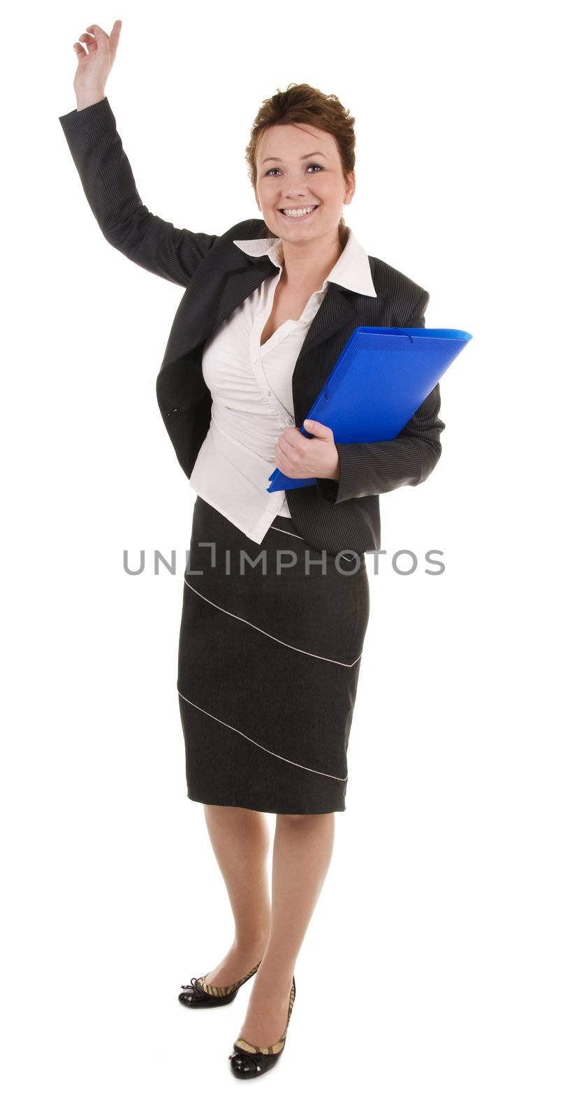 Attractive business woman with documents isolated on white background
