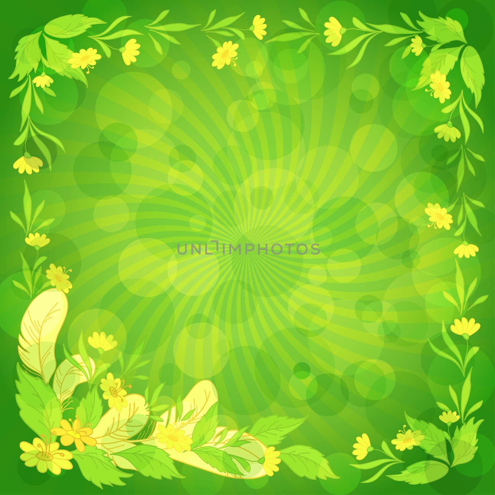 Abstract floral background: leaves, flowers, feathers and circles on green