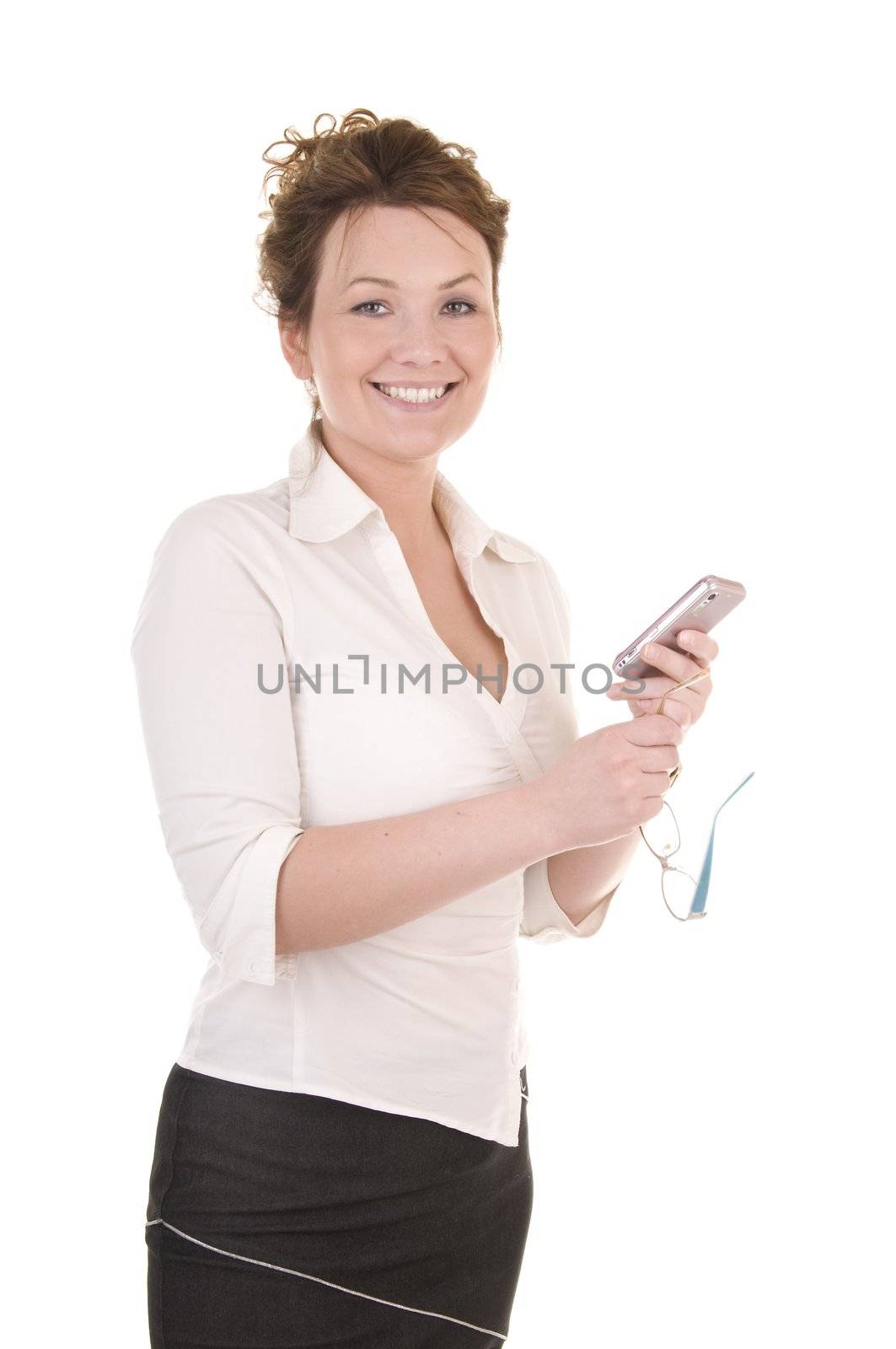 Attractive business woman with phone isolated on white