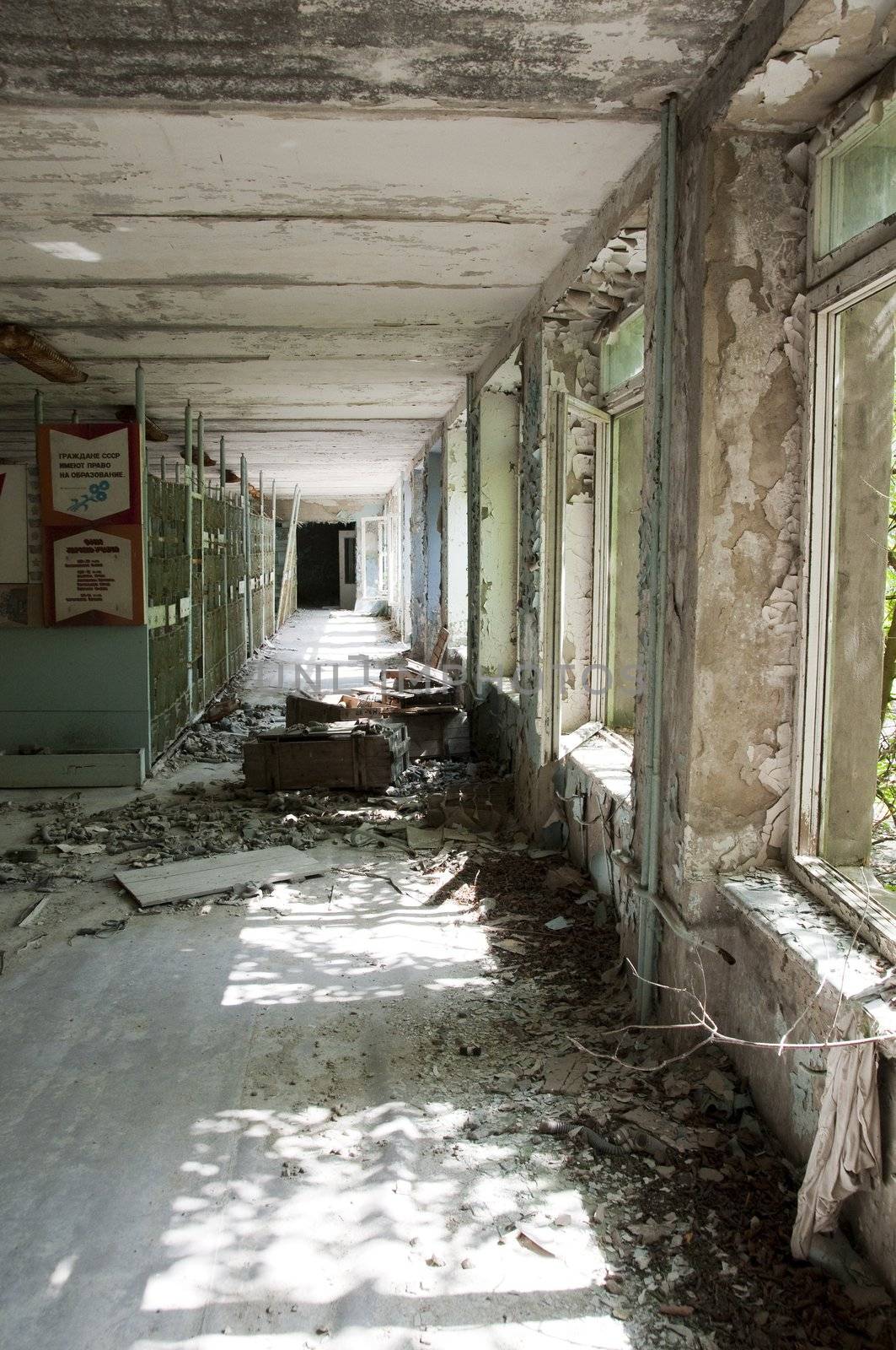 Chernobyl disaster results. This is corridor in abandoned school in small city Pripyat (about 5 kilometers form the Chernobyl nuclear station). No trademarks!