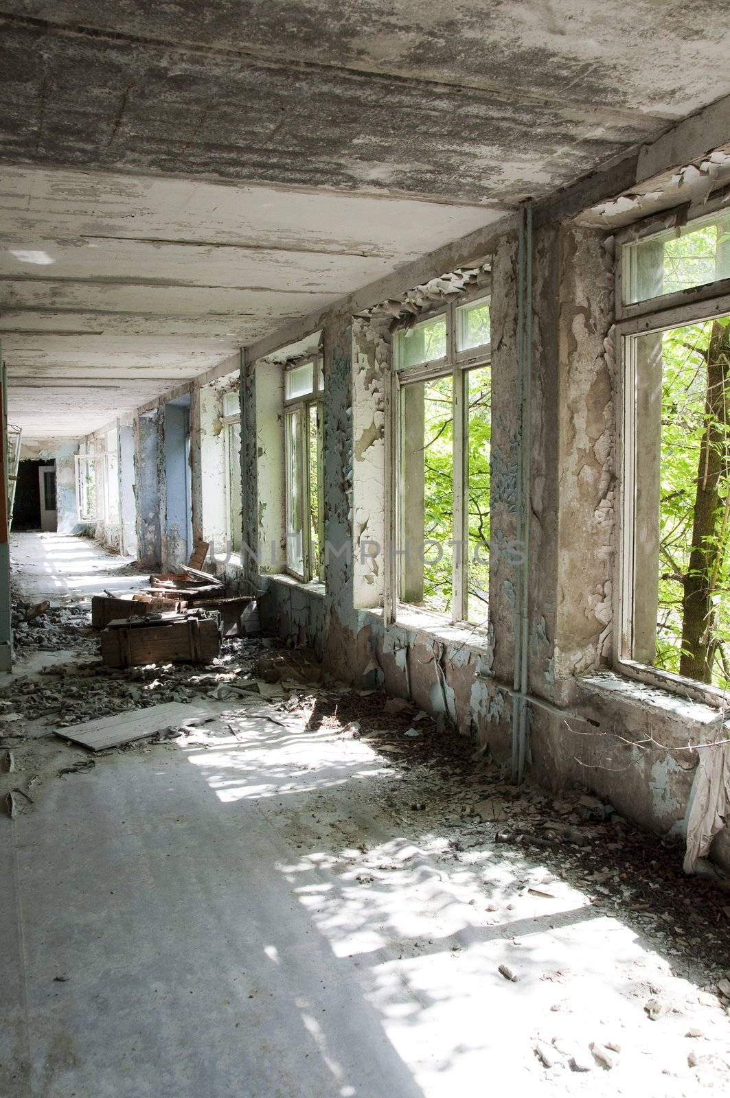 Chernobyl disaster results. This is corridor with scattered respirators in abandoned school in small city Pripyat (about 5 kilometers form the Chernobyl nuclear station).