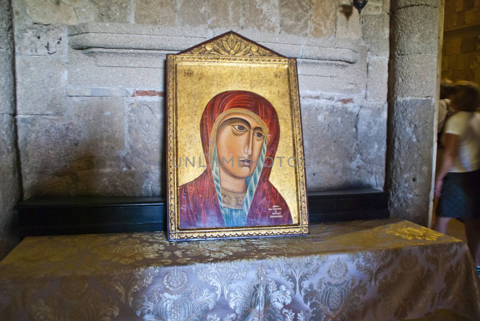 image is shot when we vacationed in rhodes, autumn 2012 and painting of the virgin mary is located inside in the monastery of Filerimos at Rhodes.