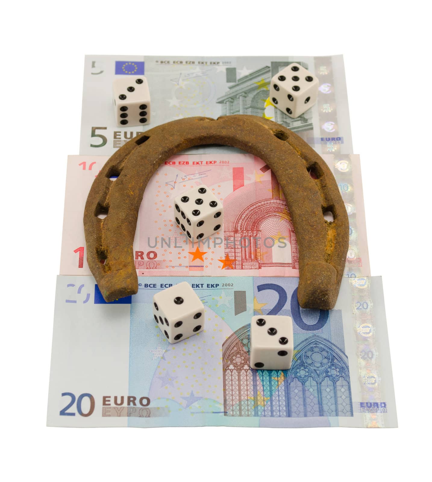 Concept retro horseshoe gamble dice and euro banknotes isolated on white