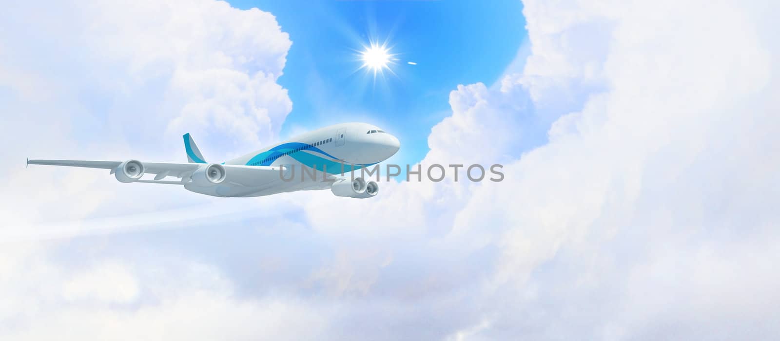 White passenger plane flying in the blue sky with white clouds around