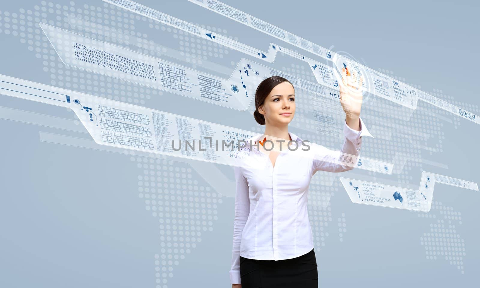 Young woman in business wear working with digital touch screen