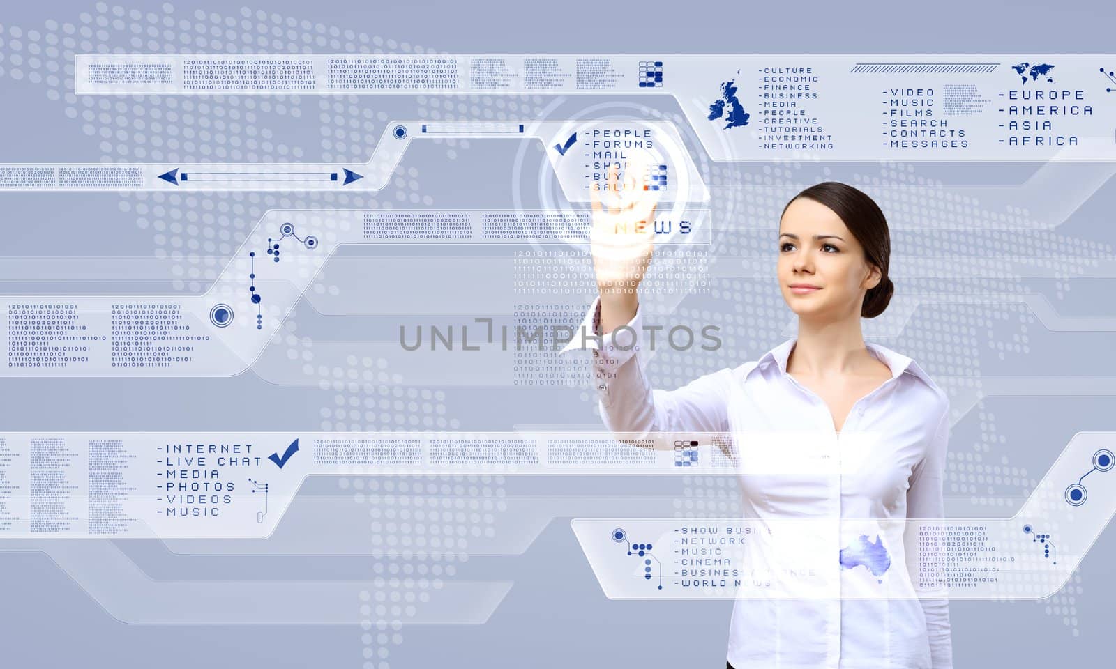 Young woman in business wear working with digital touch screen