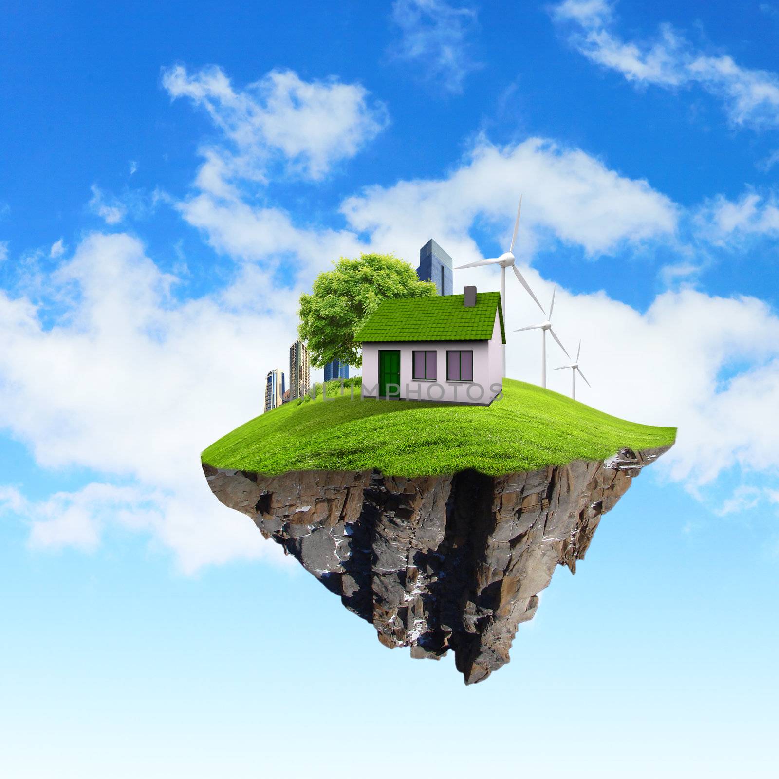 Little fine island / planet. A piece of land in the air. Lawn with house and tree. Pathway in the grass. Detailed ground in the base. Concept of success and happiness, idyllic ecological lifestyle