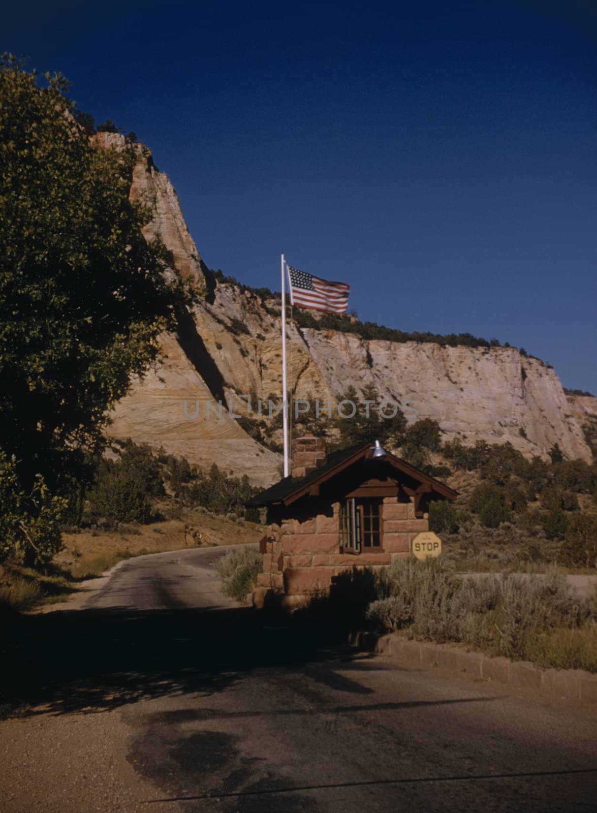 Mountain house over a rocky cliff in a landscape image, Zion National Park, Utah