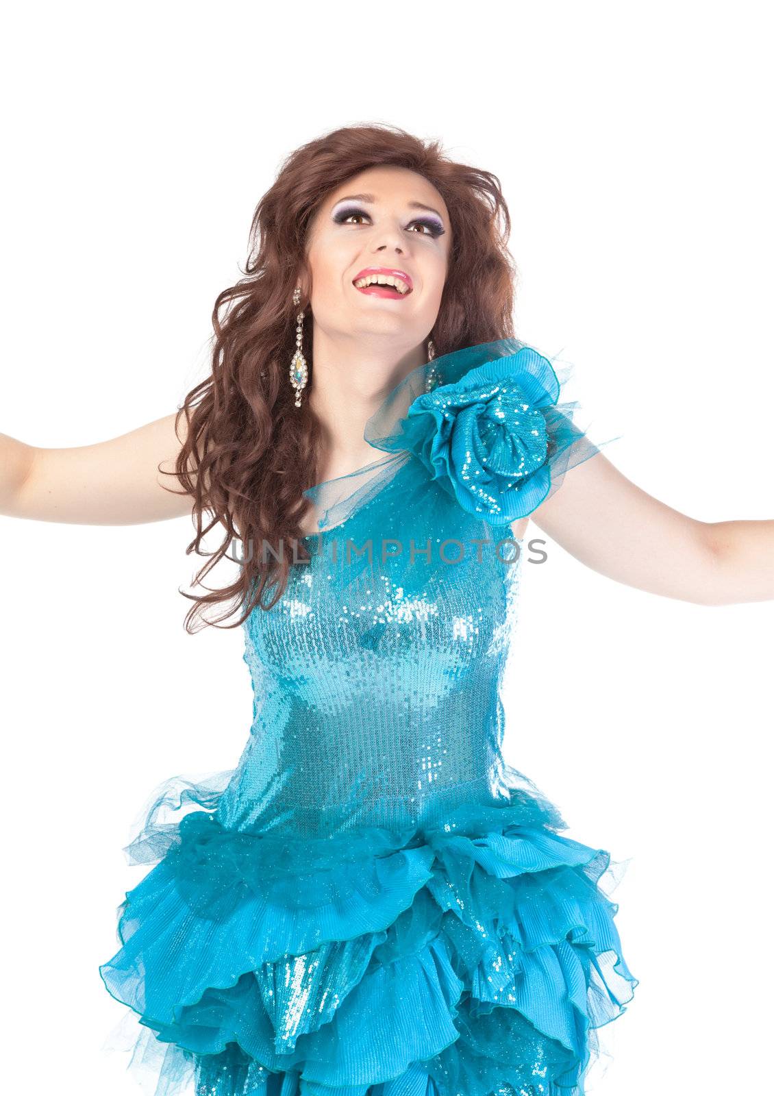 Portrait of drag queen. Man dressed as Woman, isolated on white background