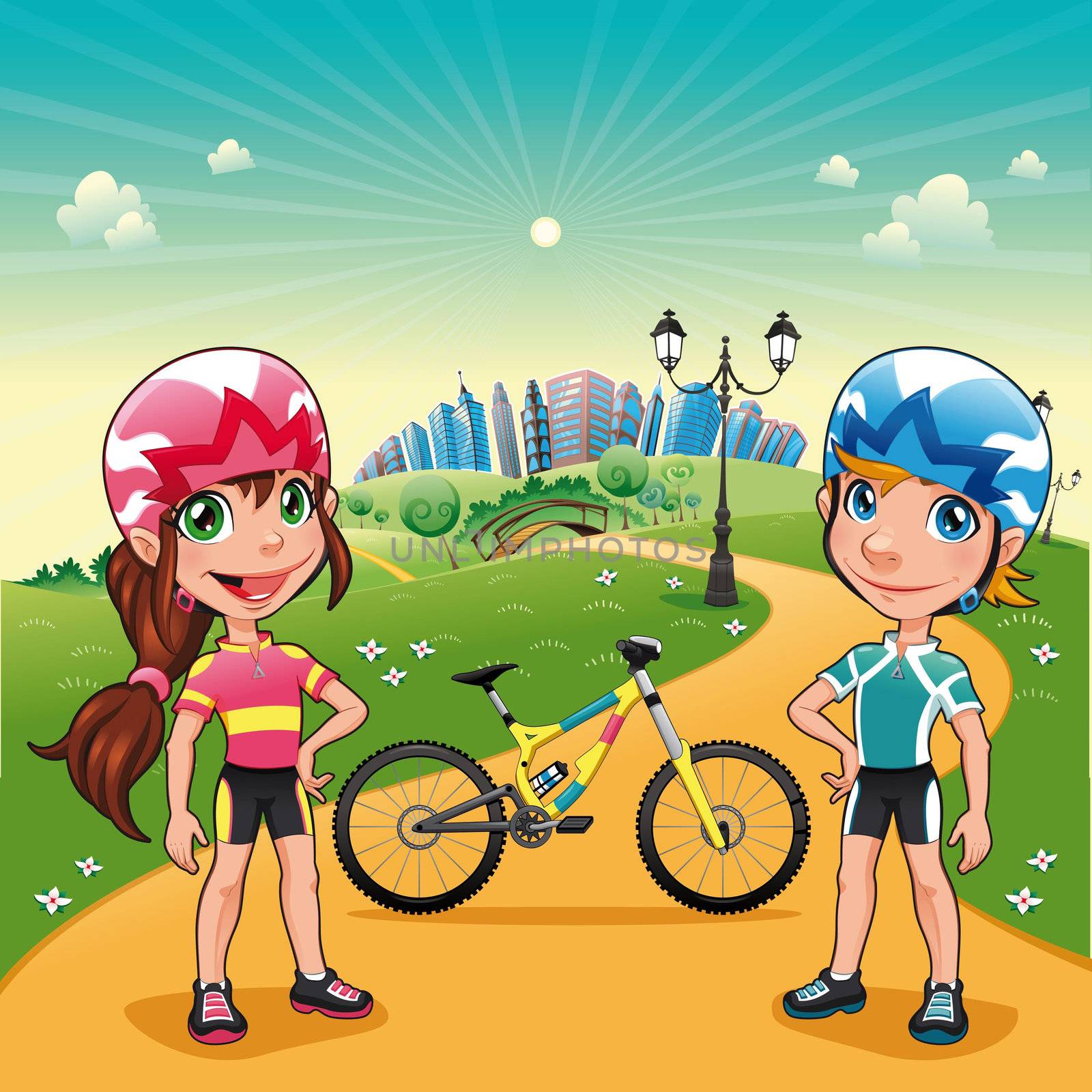 Park with young bikers. Funny cartoon and vector scene.

