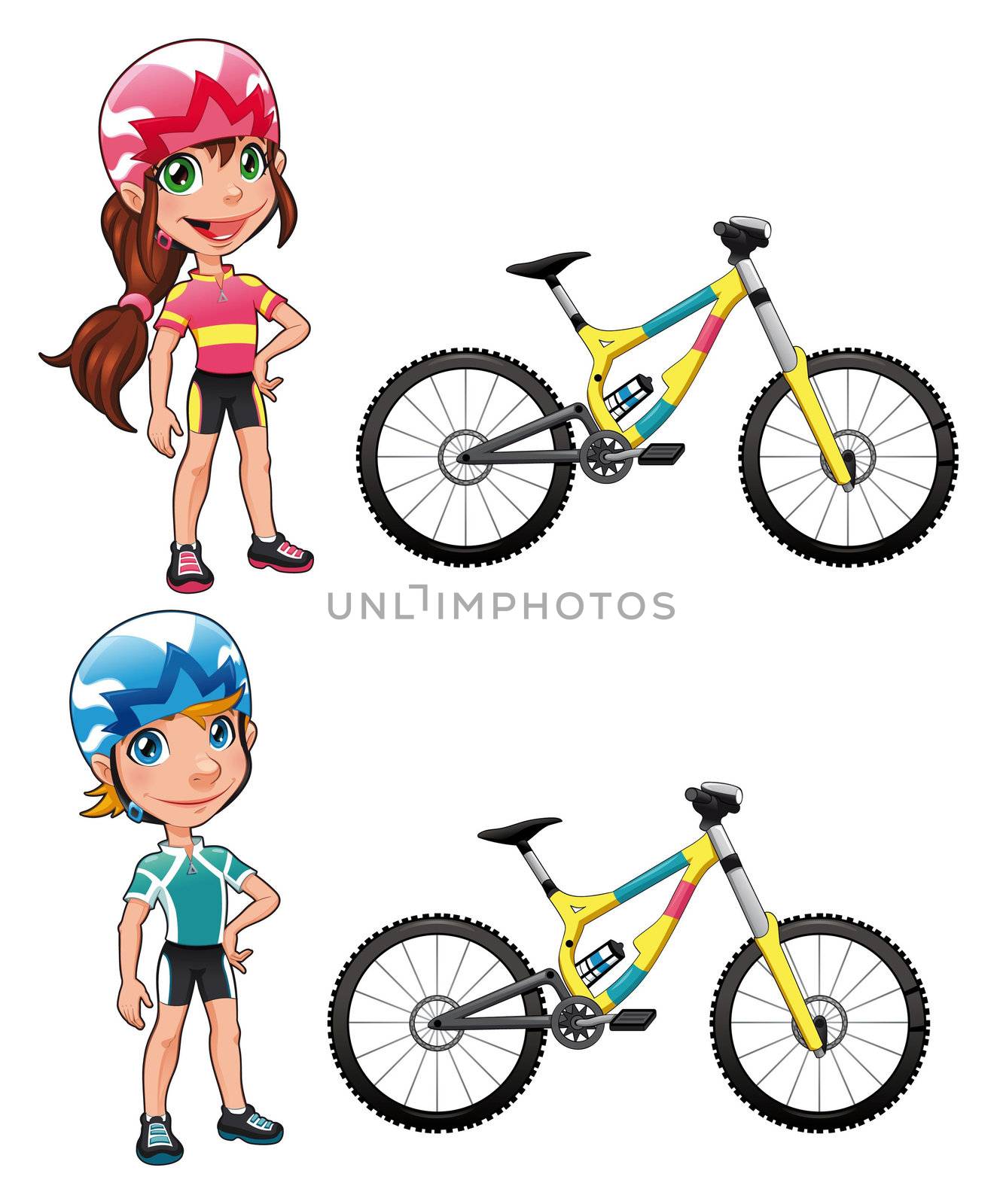 Baby Cyclists. Funny cartoon and vector character. Isolated objects

