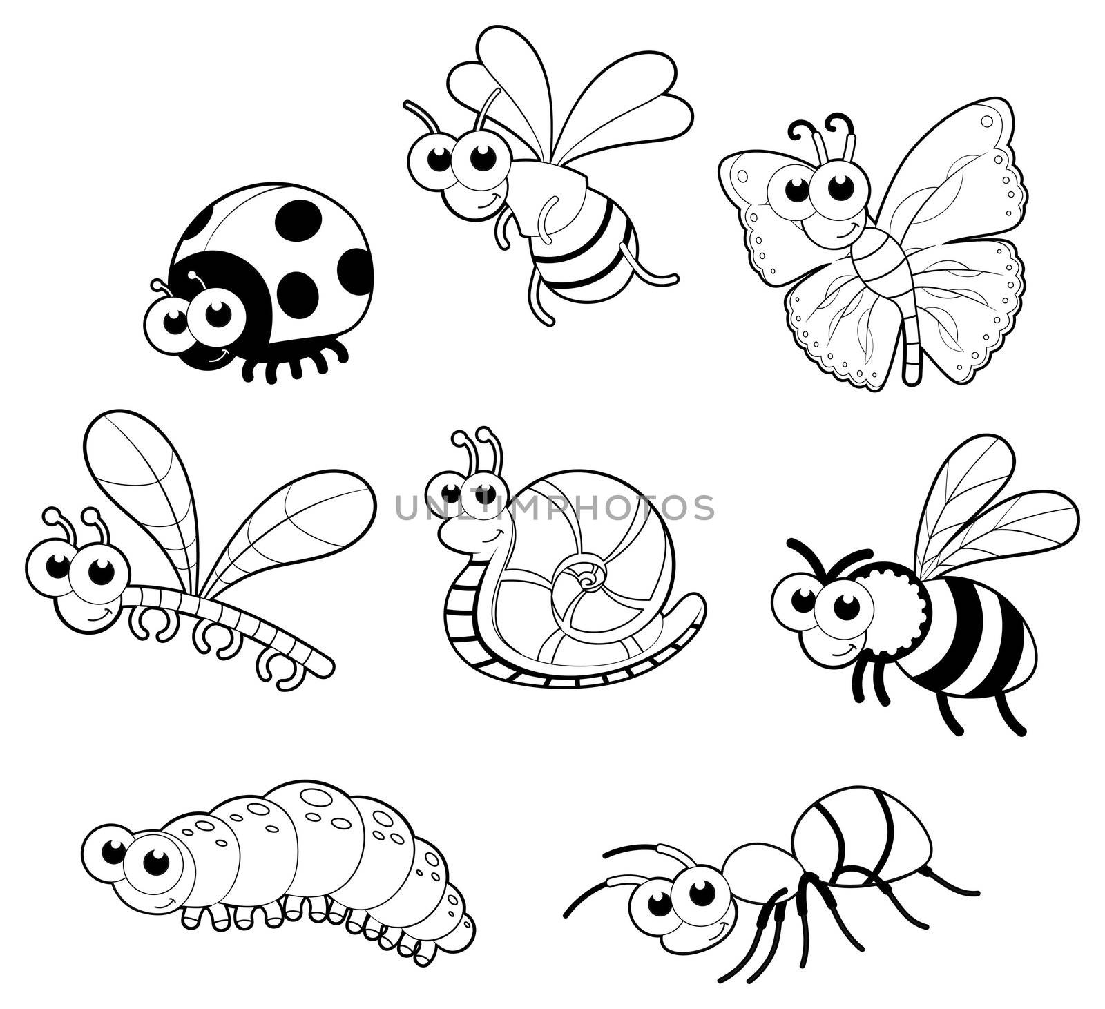 Bugs and 1 snail. Vector isolated black and white characters. Bugs + 1 snail. Vector isolated black and white characters.