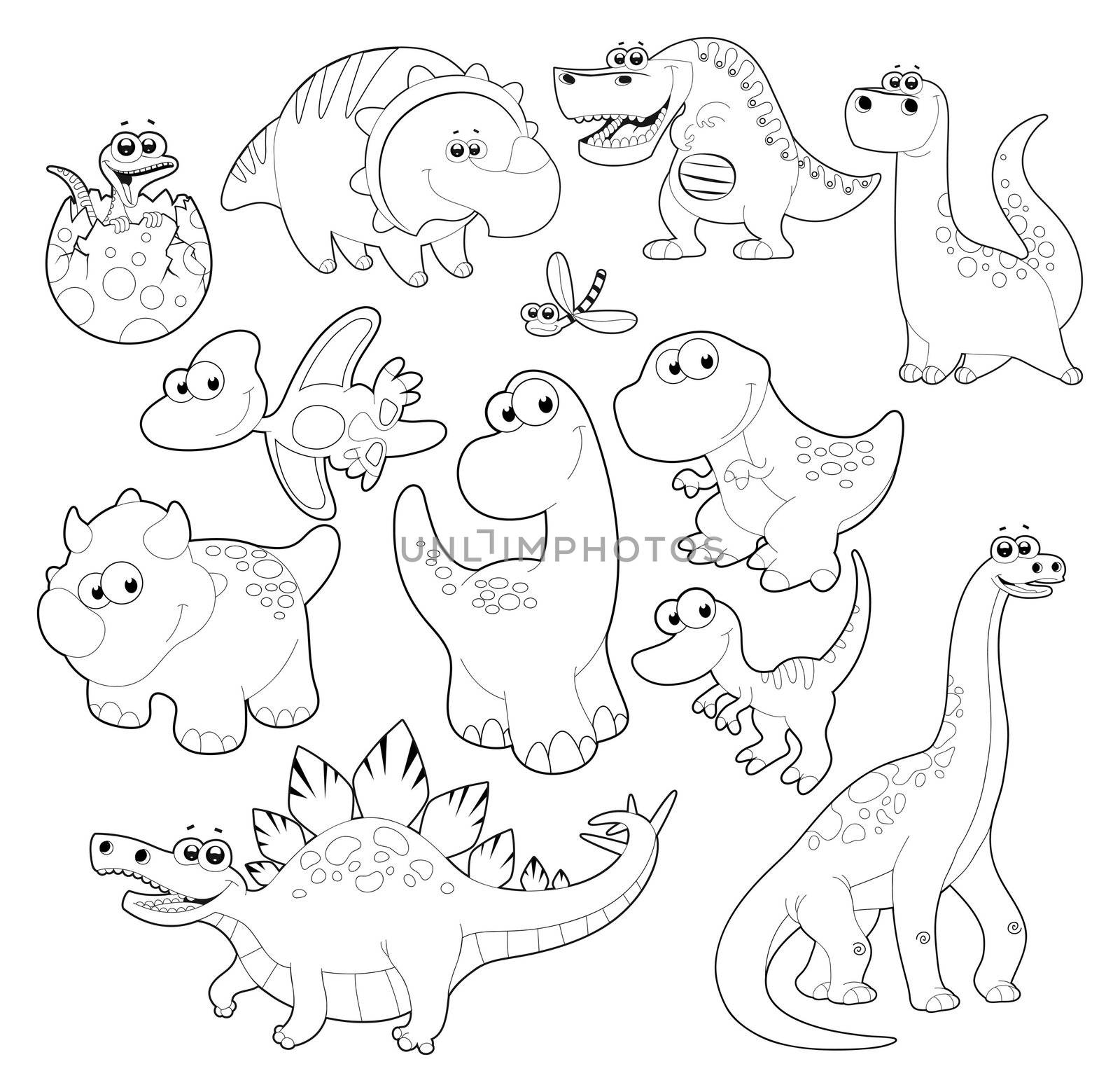Dinosaurs Family. Vector isolated black and white characters.

