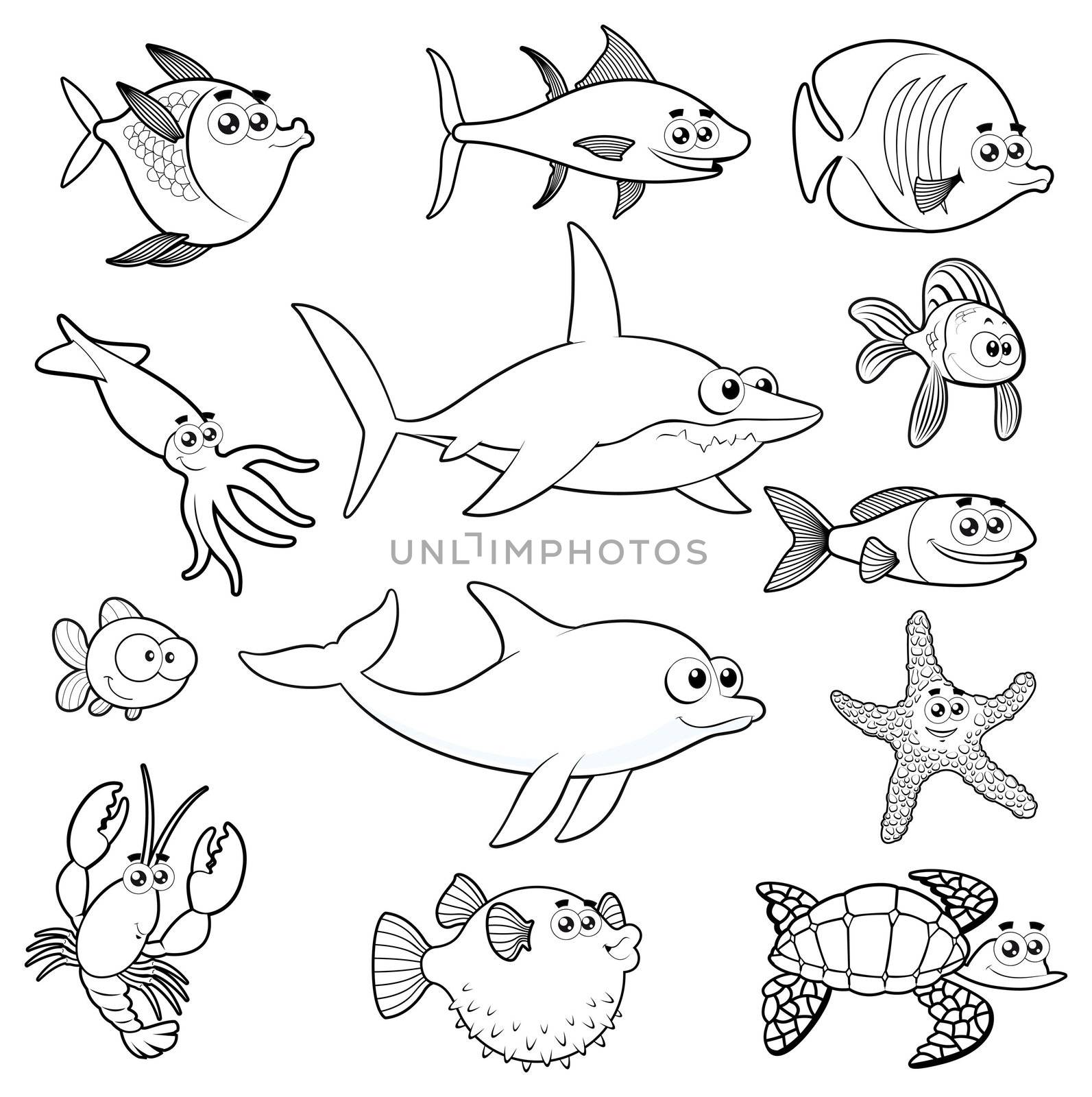 Family of funny fish. Vector isolated black and white characters.

