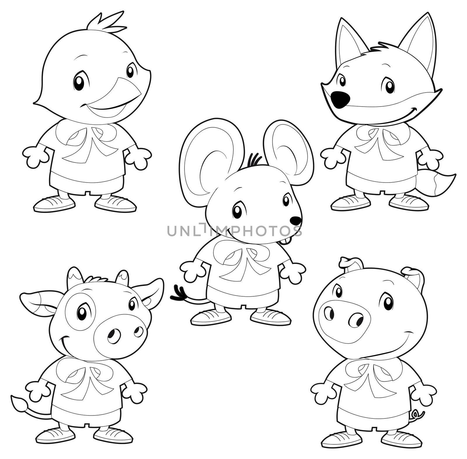 Cute animal family. Vector isolated black and white characters.

