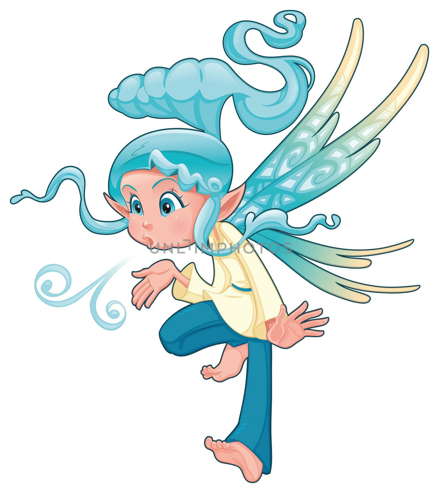 Young fairy blowing a spell. Funny cartoon and vector isolated character.