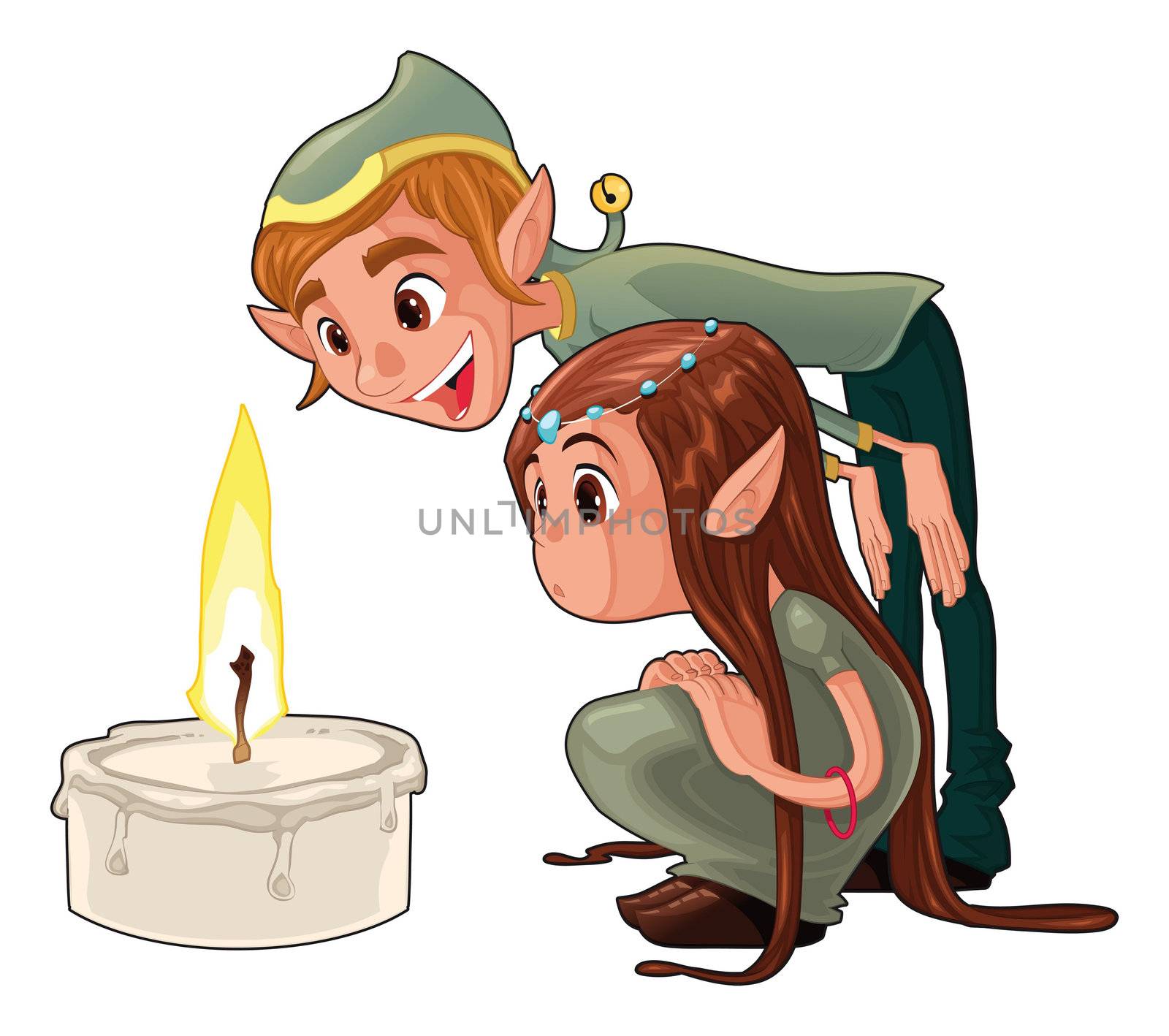 Young elf with a candle. Funny cartoon and vector scene.

