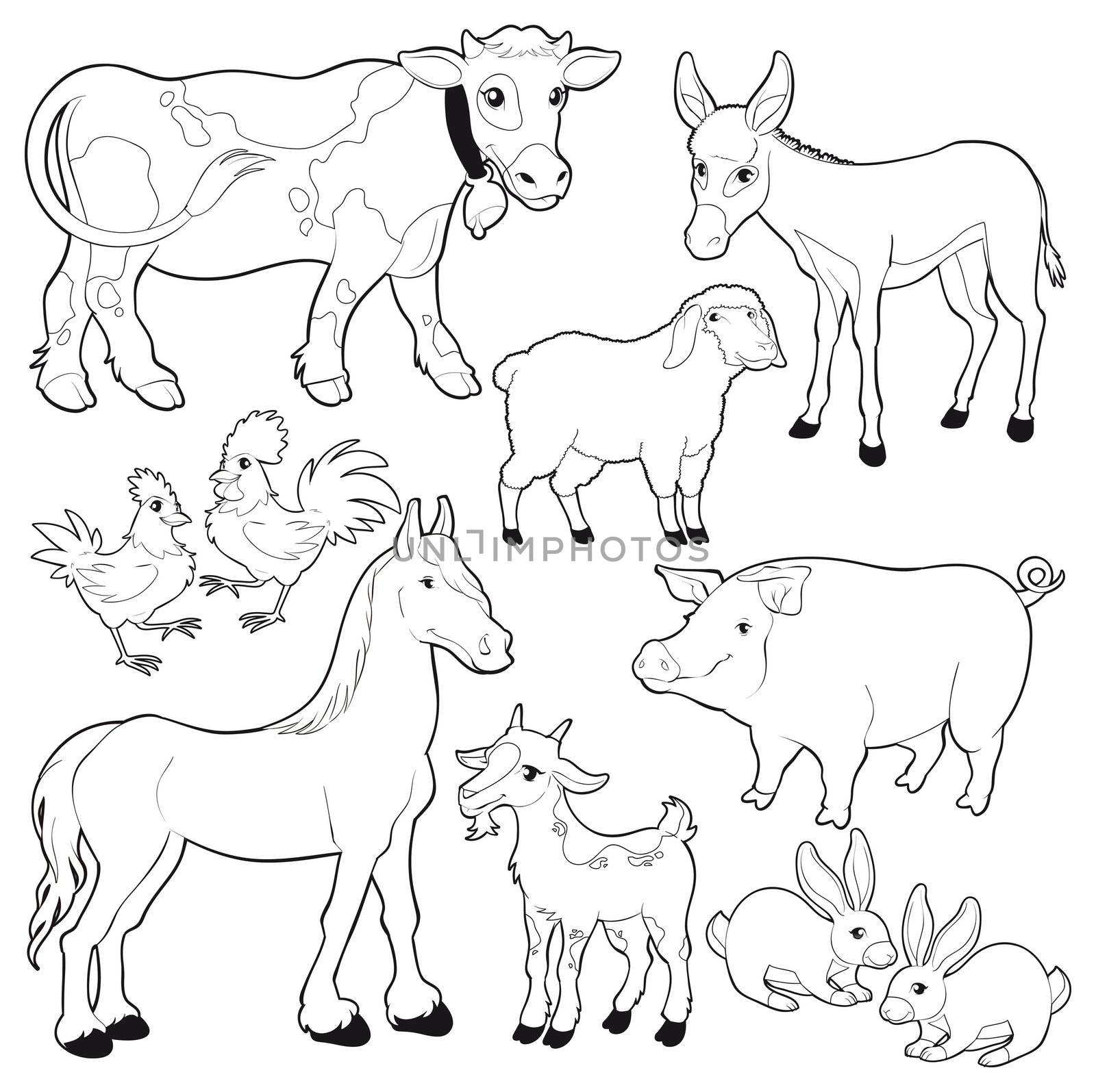 Farm animals. Vector and cartoon isolated black/white characters.

