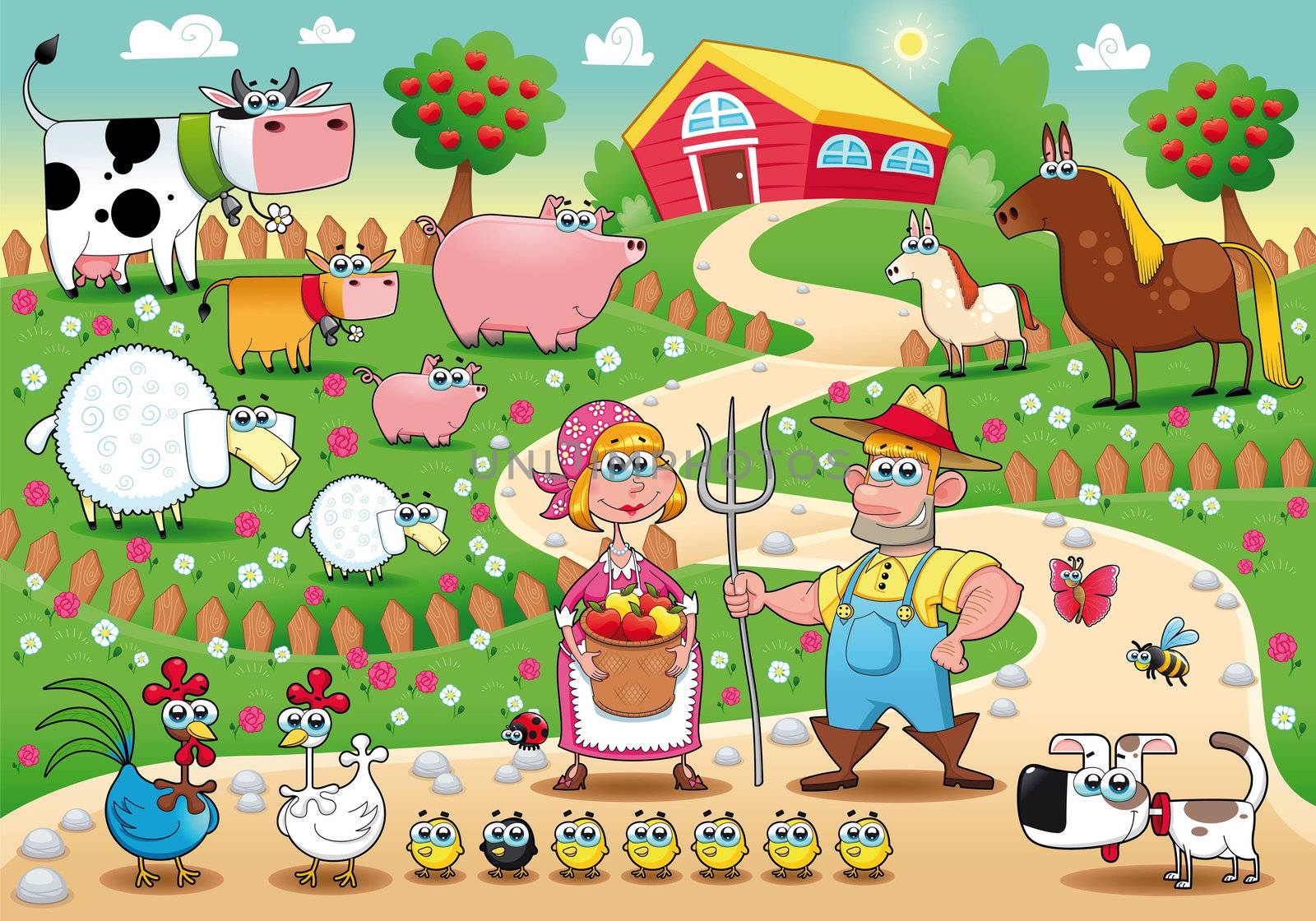 Funny farm family. Cartoon and vector illustration

