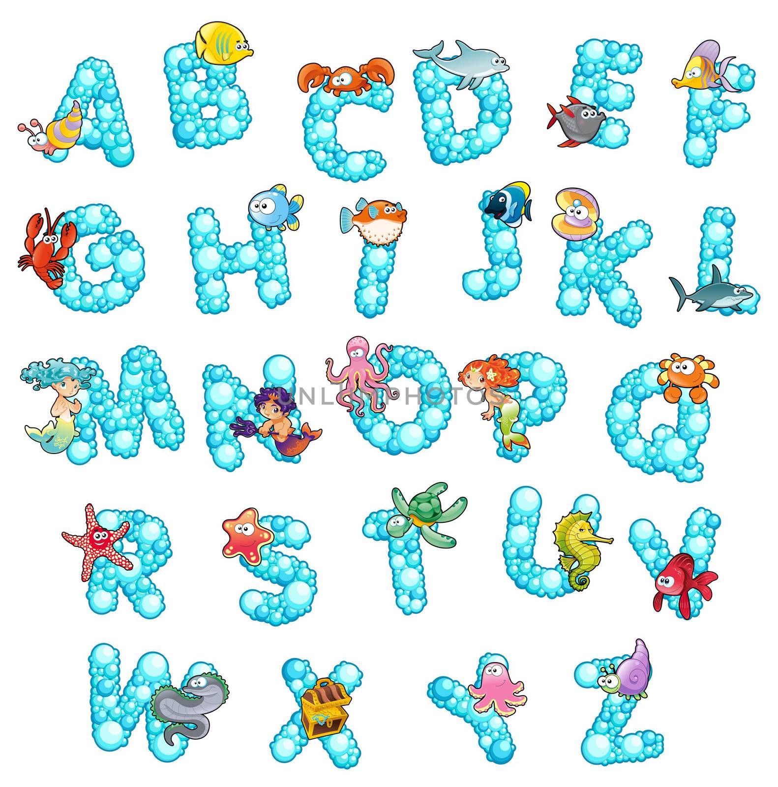 Alphabet with fish and bubbles. Funny cartoon and vector isolated letters.