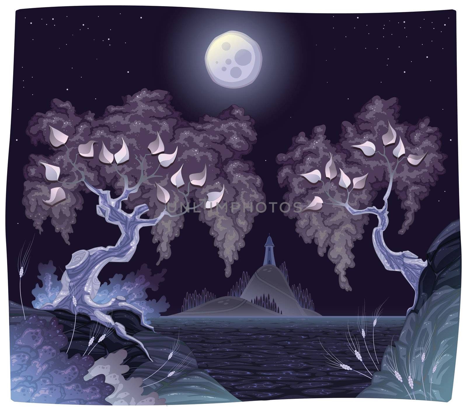 Romantic landscape on the sea in the night. Vector illustration.