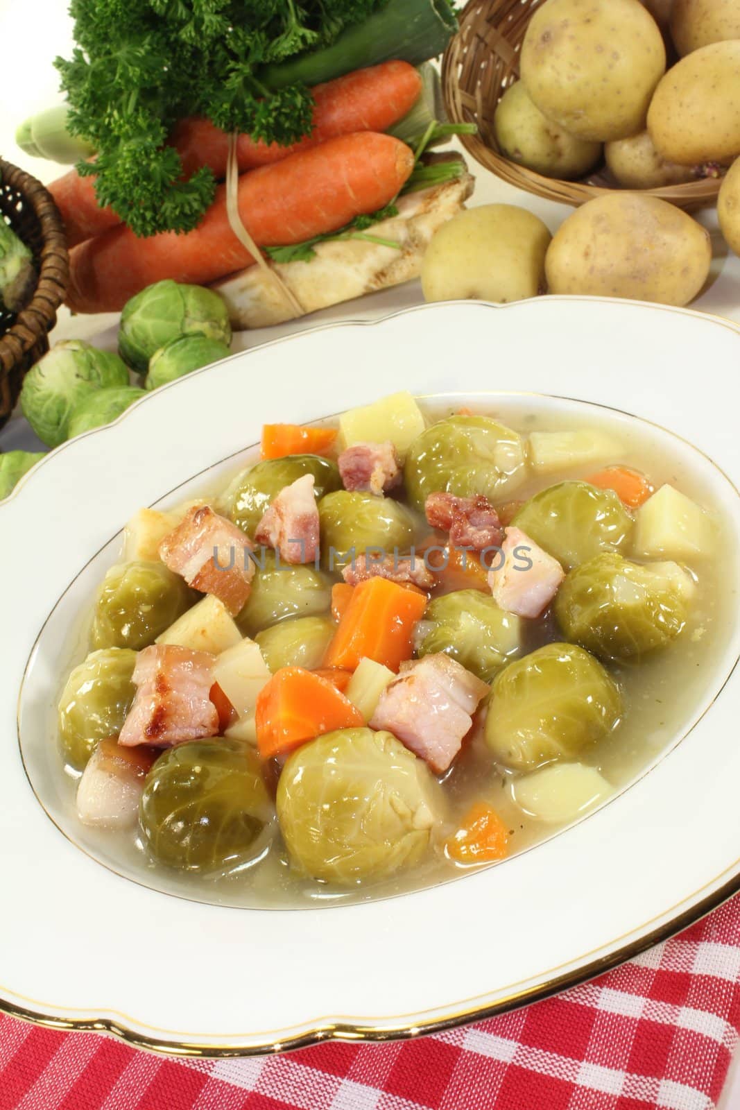 a plate of Brussels sprouts stew with vegetables and bacon
