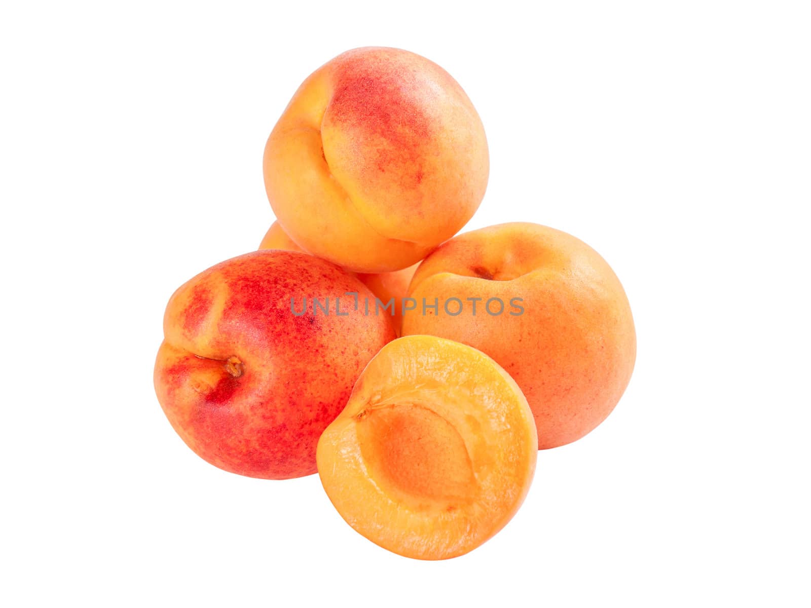 Group ripe apricot fruits isolated on white background