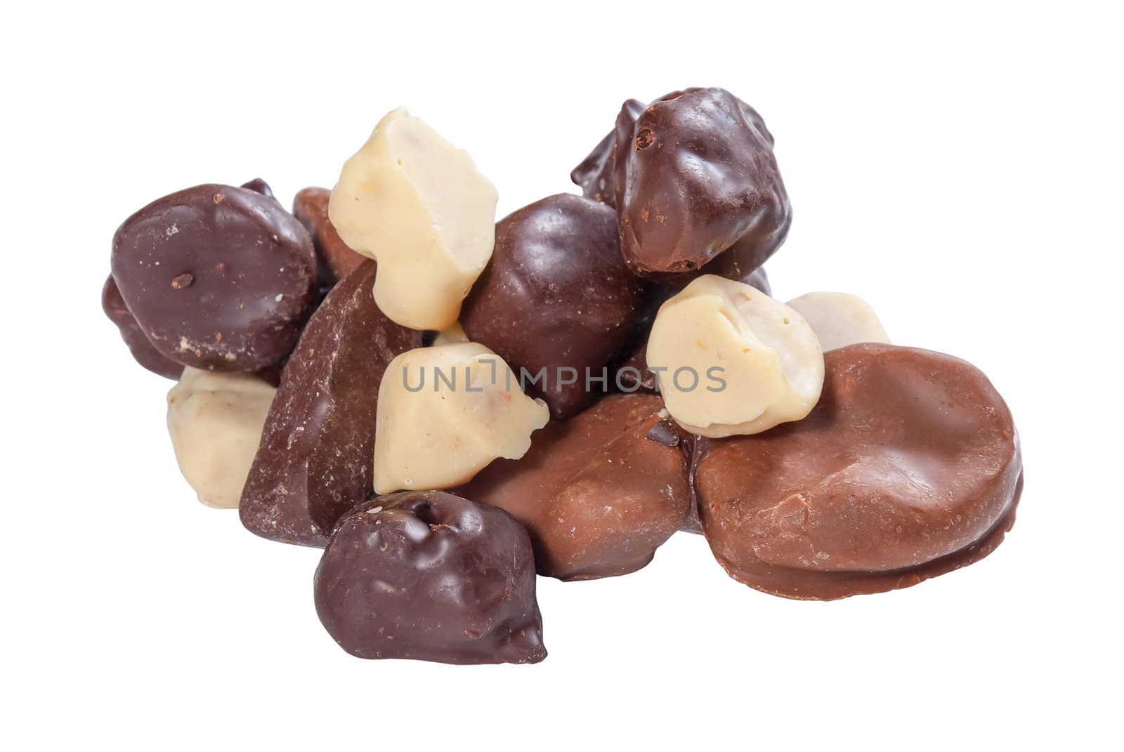 Various chocolate candies homemade isolated on white background