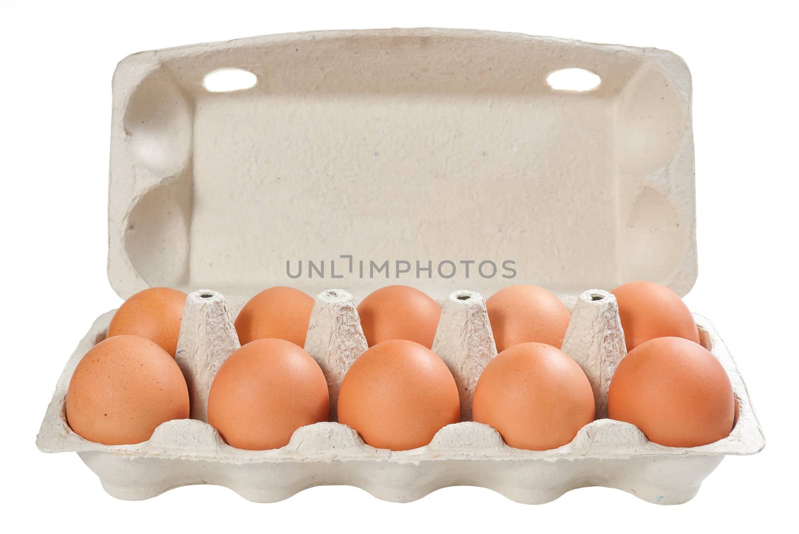 Ten brown eggs in carton package to isolate the background