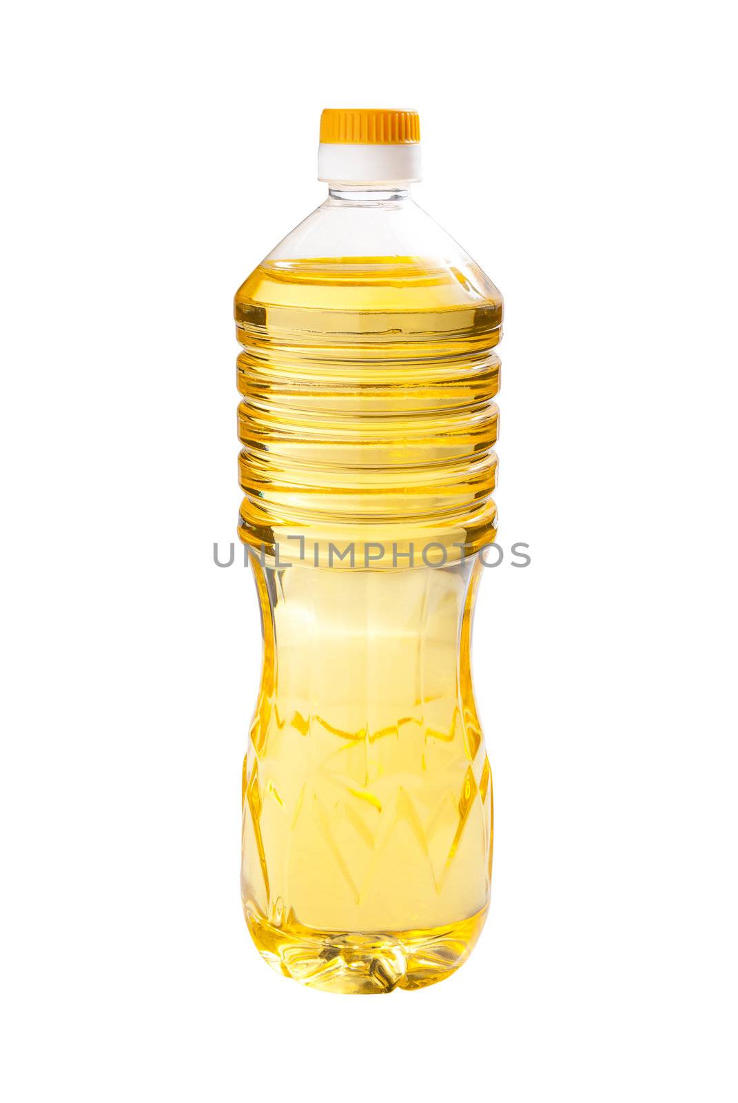 Sunflower oil in the transparent bottles isolated on white background