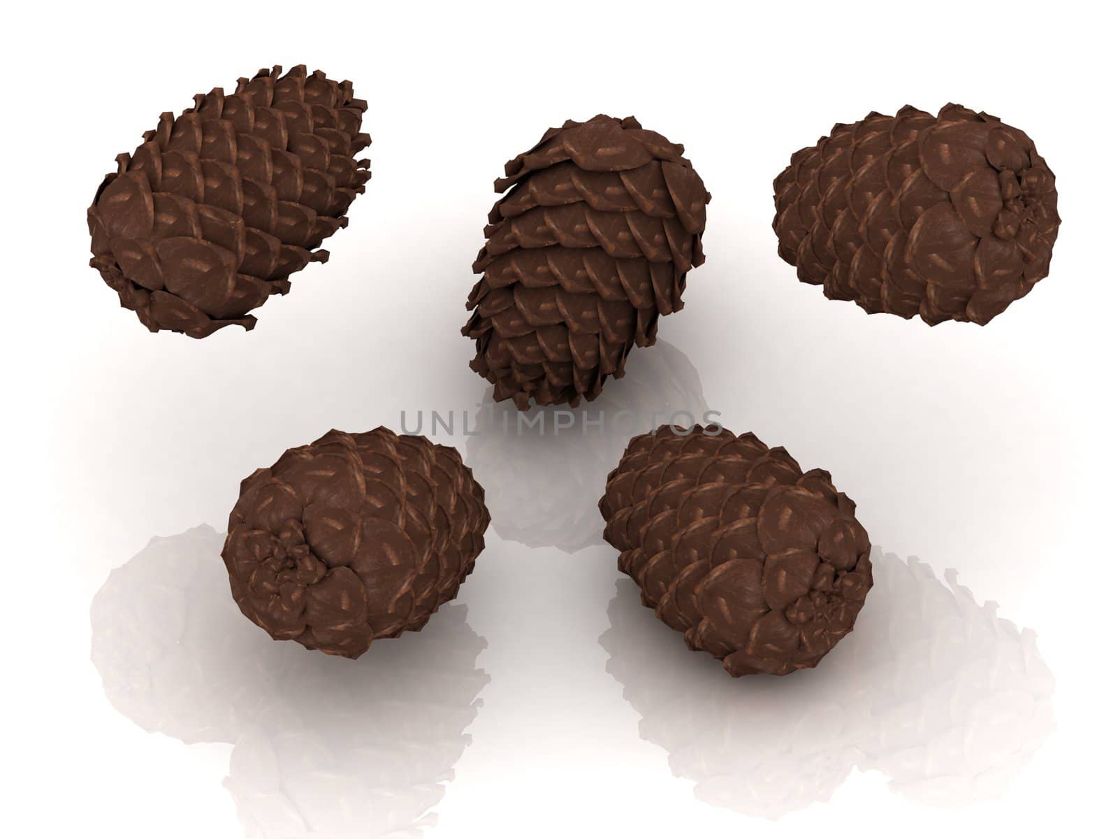 Pine cones thrown up into the air on an isolated white background