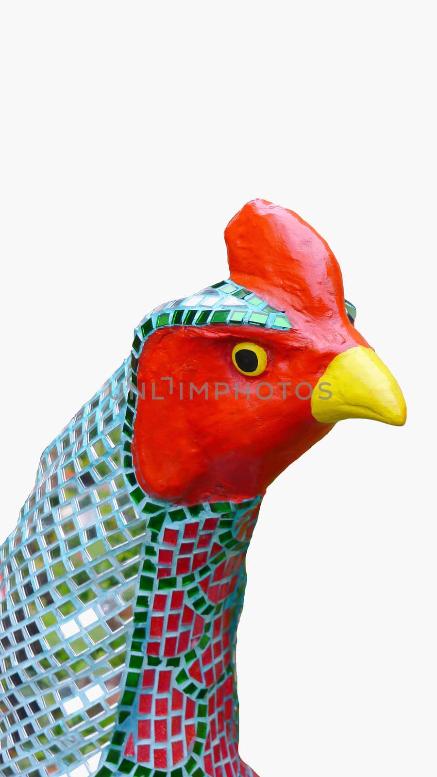 Chicken statue decorated with colorful mirror isolated on white background 
