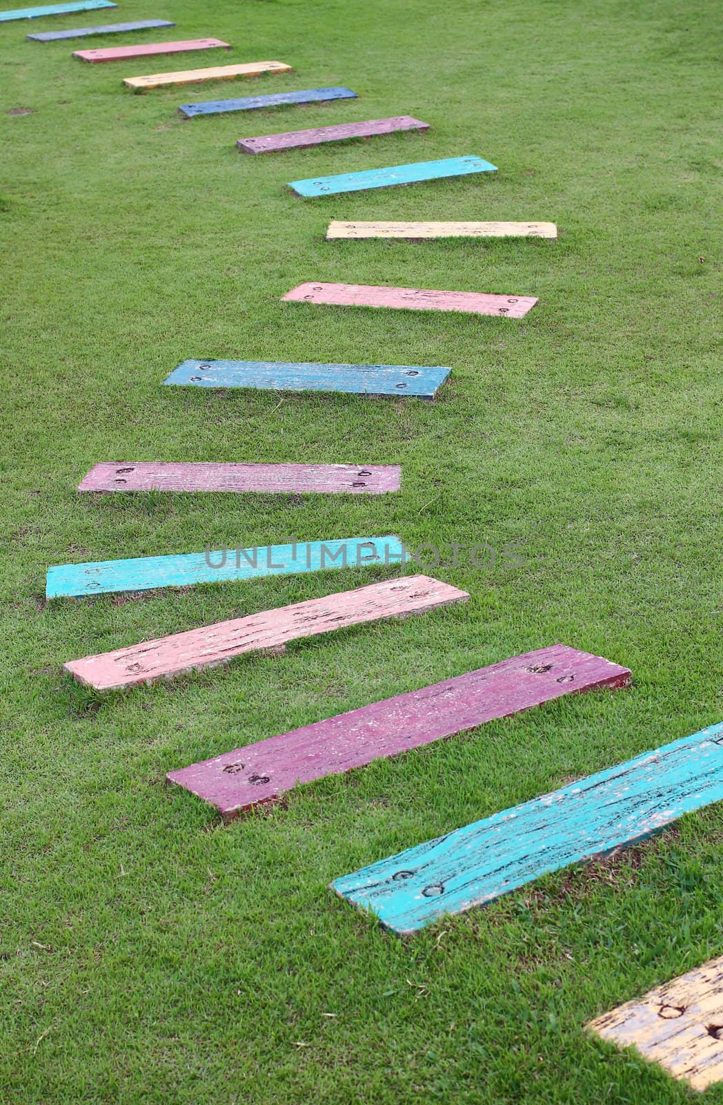 Colorful wooden pathway steps lead to the backyard