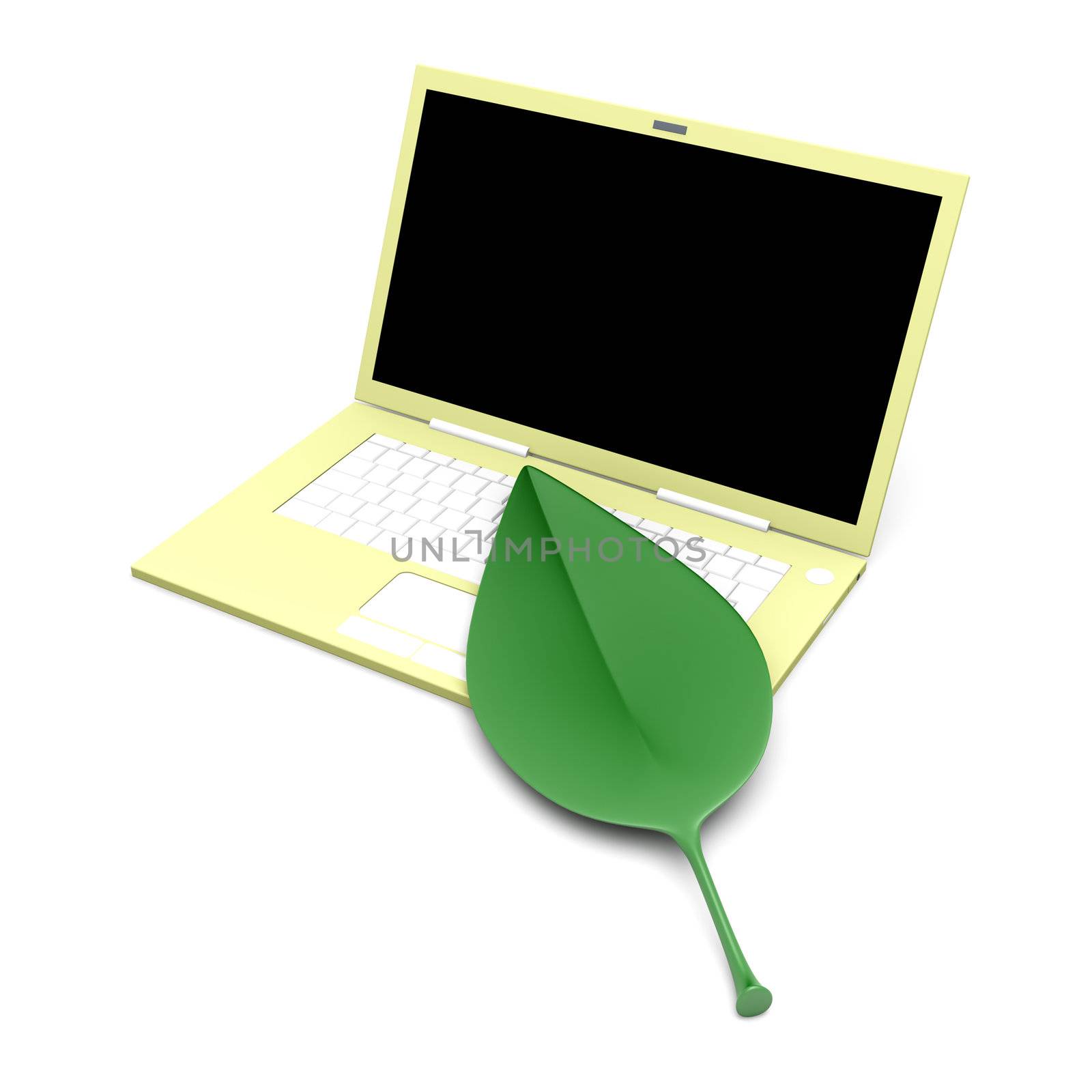 Green Technology. A leaf with a Laptop. 3D rendered Illustration.