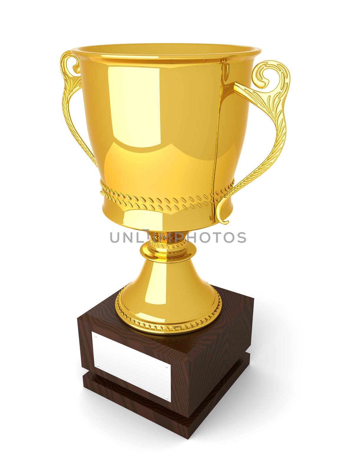 A golden trophy with a blank plate for custom text. 3D rendered Illustration. Isolated on white.