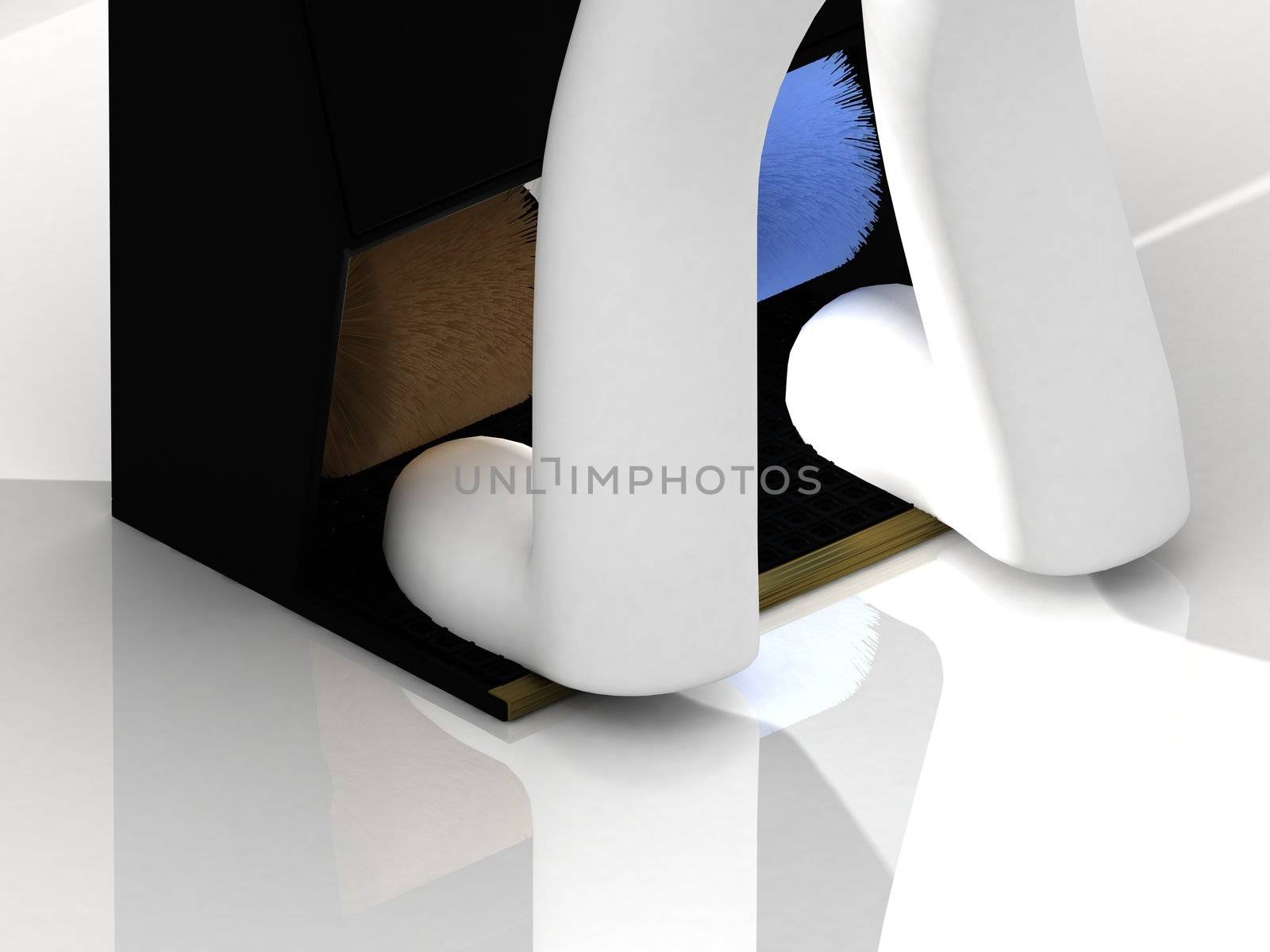 3D man and machine for cleaning shoes on a white background