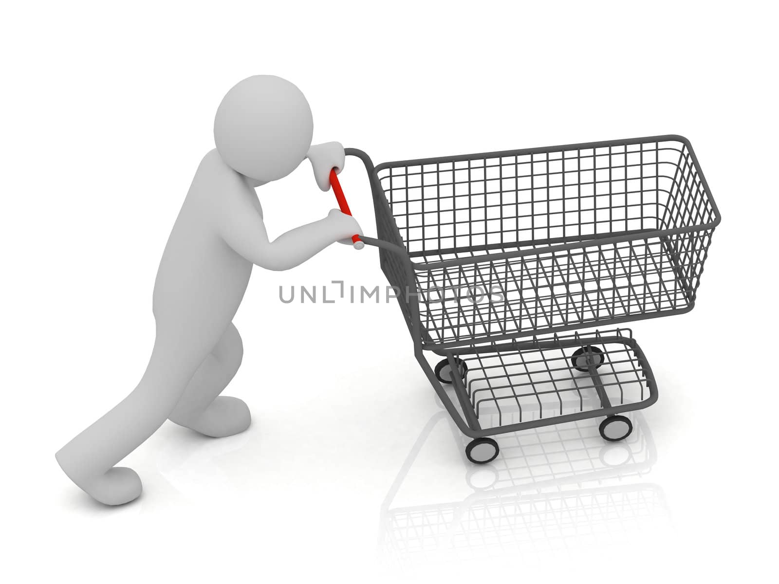 3D small man and shopping trolley cart isolated on a white background